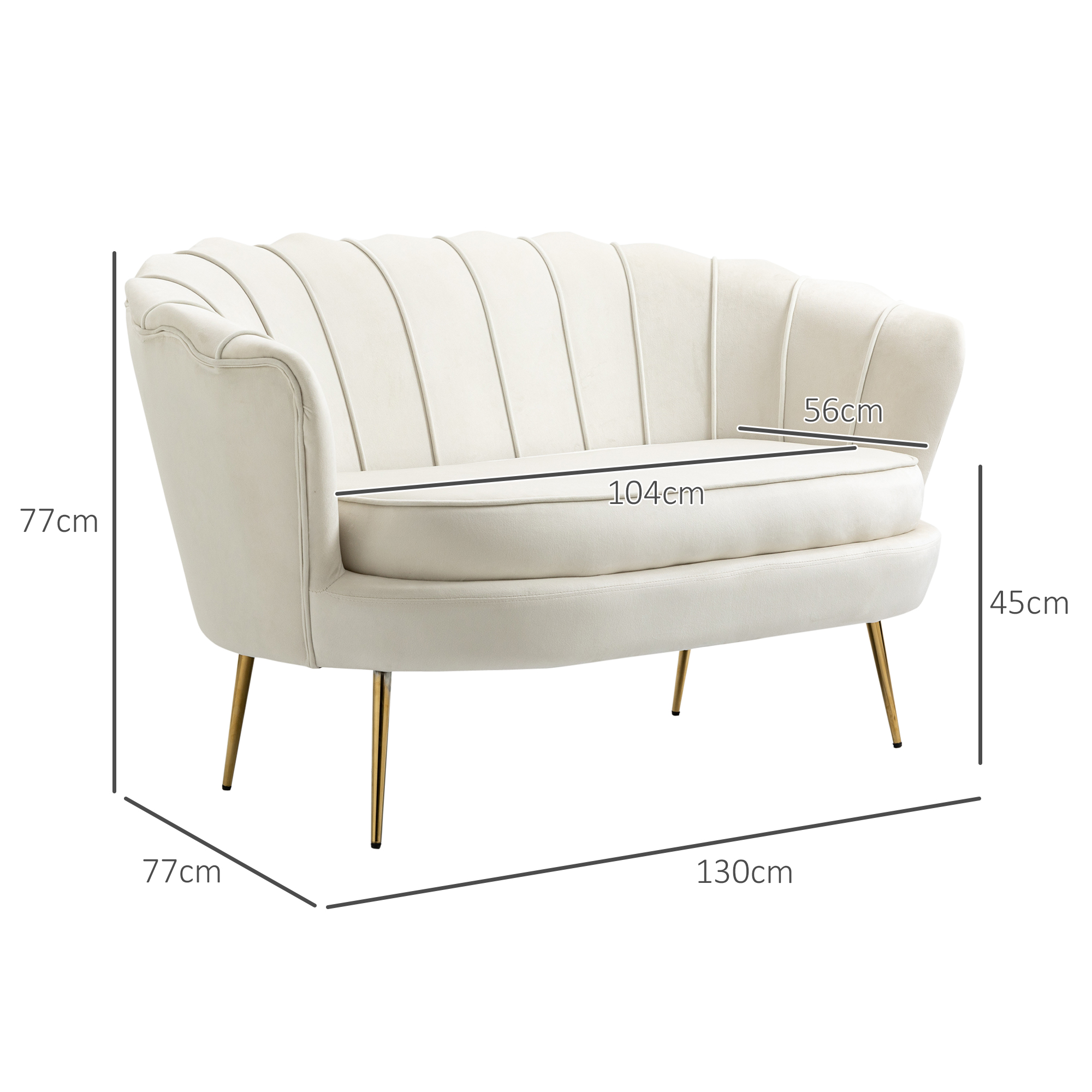 Vintage 2-Sitzer Sofa, Couch, Polstermöbel, Samtoptik, bis 150 kg, Creme/Gold
