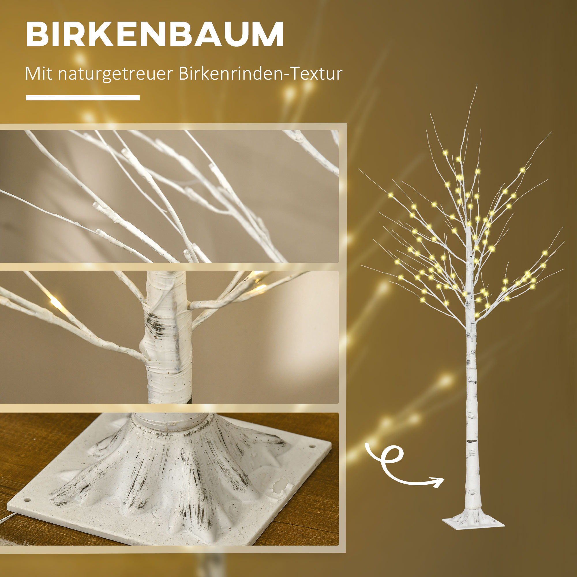 Kunstbaum, Kunstbirke, mit LED-Beleuchtung, warmweiß, realistische, weiße Rinde, 22 x 22 x 180cm