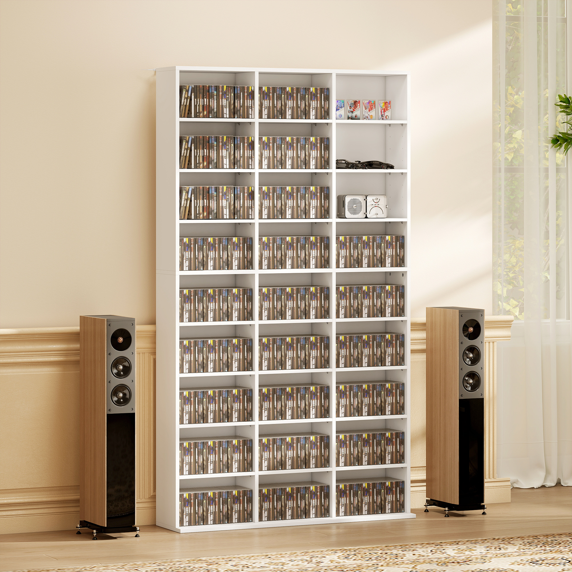 Regal für 835 CDs oder 500 DVDs, Blu-ray Medienregal mit 27 Fächern und 21 verstellbaren Einlegeböden, Weiß