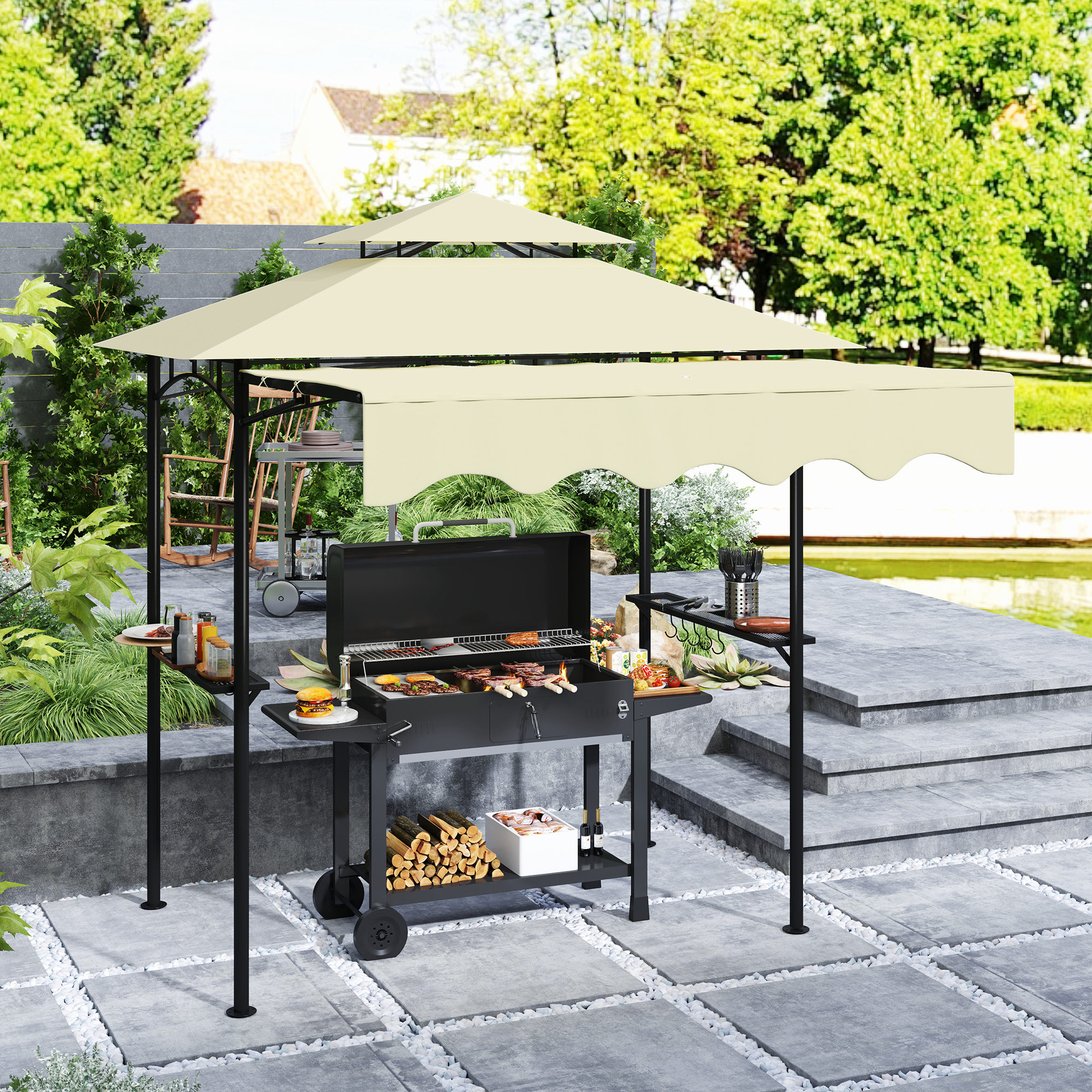 Grillpavillon 242x232x248 cm wasserabweisend flammhemmend Gartenpavillon mit Doppelschichtdach Beige