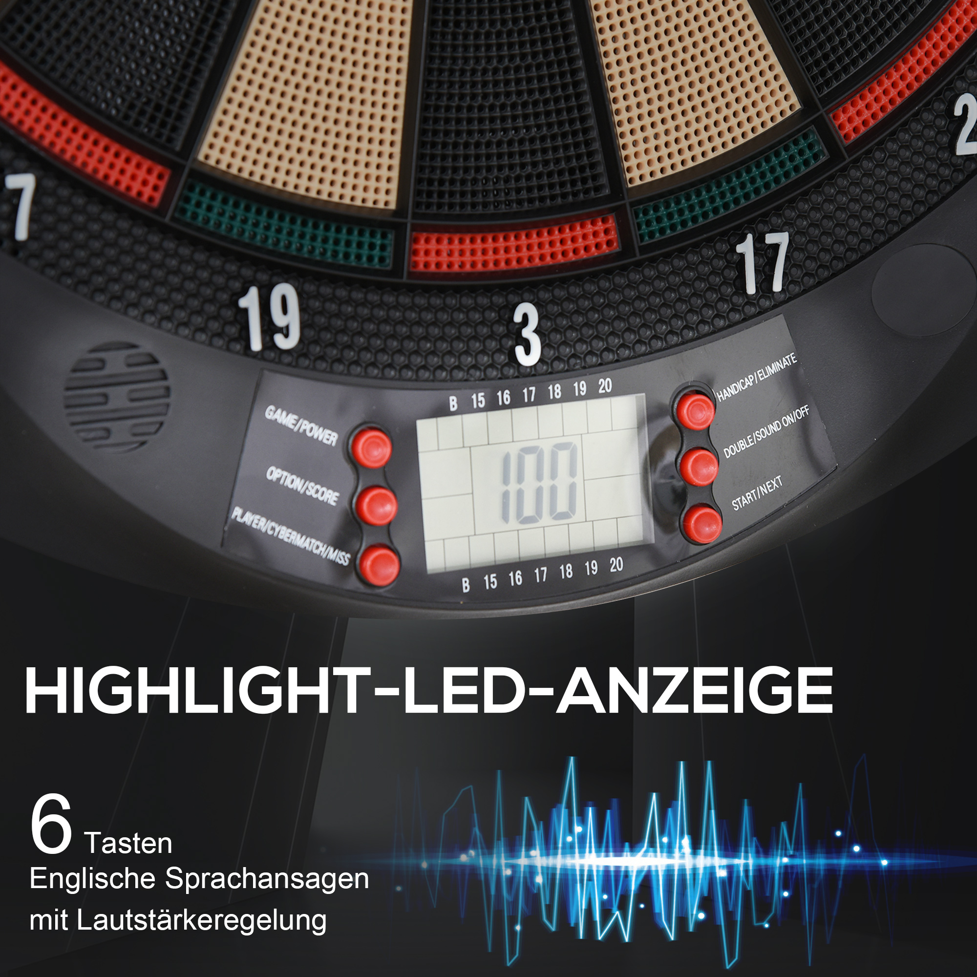 Elektronische Dartscheibe automatische Wertung Dartboard Dart-set mit 6 Darts 30 Dartköpfe 26 Spiele und 185 Trefferoptionen für 8 Spieler Soundeffekte Schwarz 44 x 39,5 x 2,2 cm
