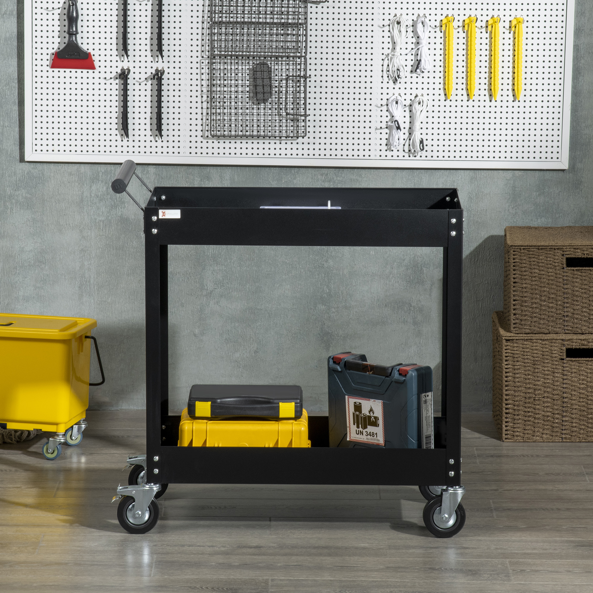 Werkstattwagen, 2 Etagen, Schubkarre, 4 Rollen, Stahl, bis 150 kg, 84,5 x 38 x 84 cm, Schwarz