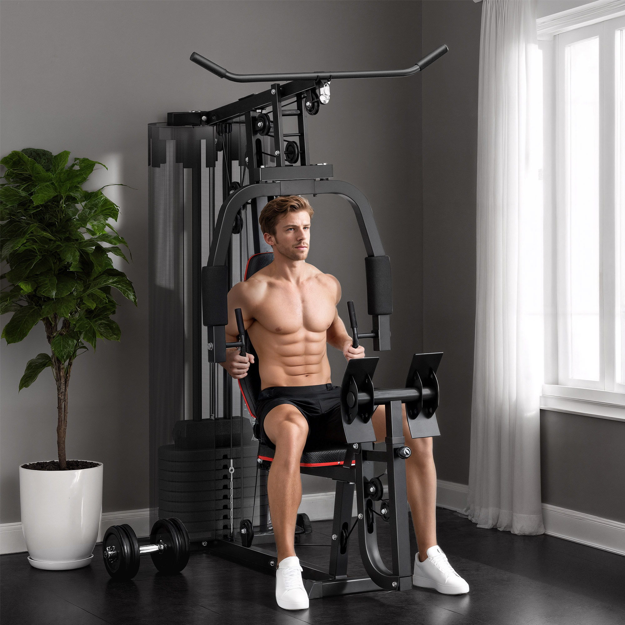 Heim-Fitnessstation mit 45 kg Gewichtsblöcken, Hochseilzug, Bruststation, Beinpresse für vielseitiges Training