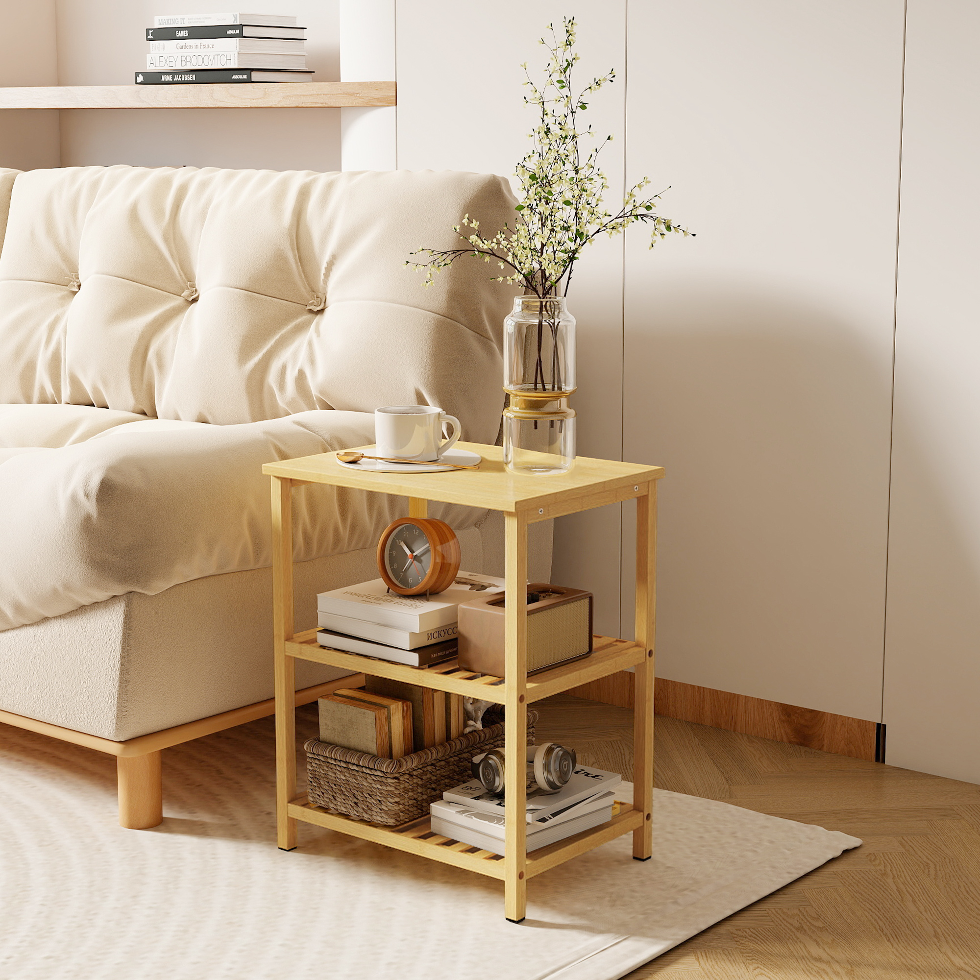 Beistelltisch aus Bambus, 3 Ebenen mit Lamellenböden, für kleine Räume, Wohnzimmer & Schlafzimmer, Natur