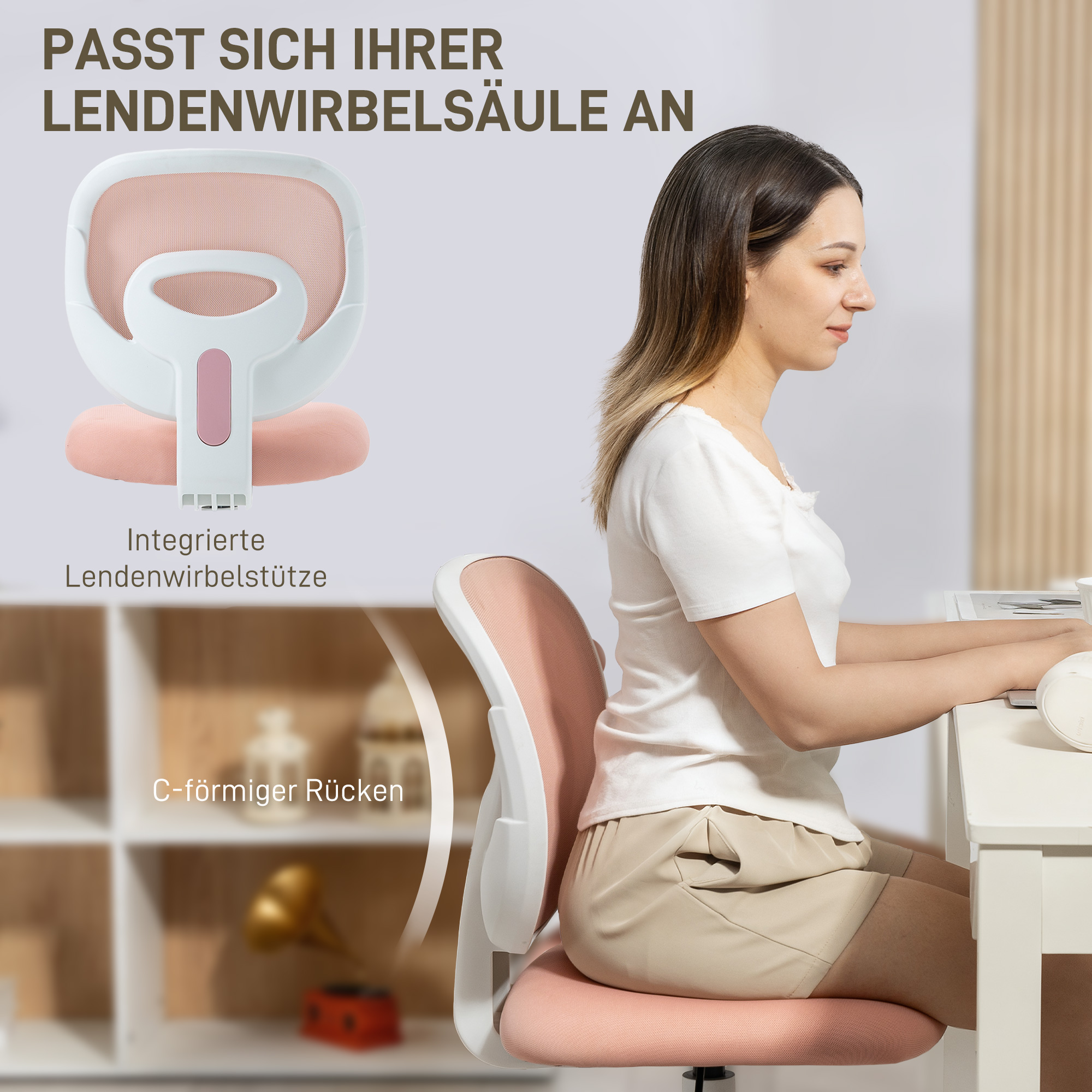 Bürostuhl Ergonomischer Schreibtischstuhl mit C-förmiger Rückenstütze, Höhenverstellbar Rosa