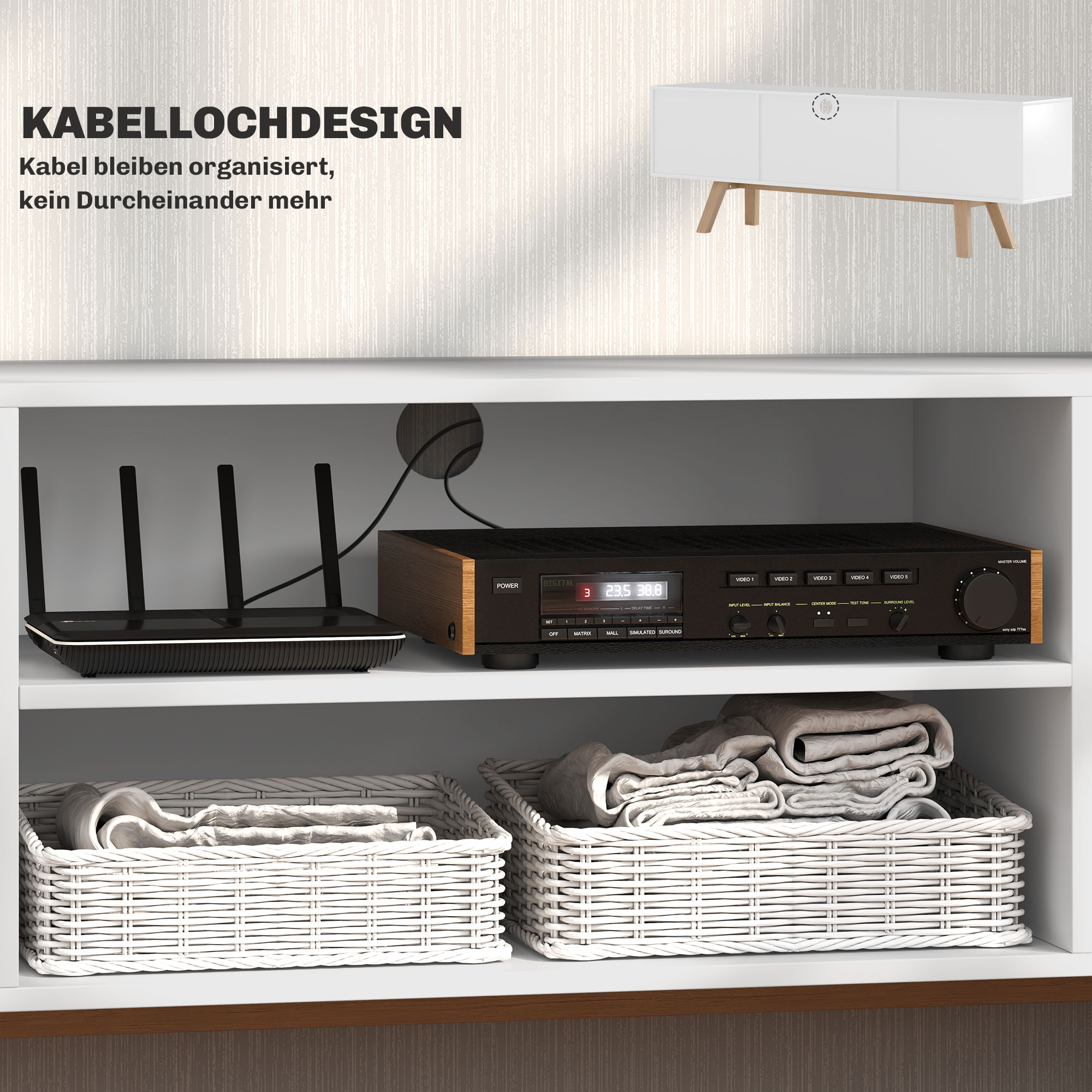 TV-Kommode mit Schubladen und offenen Regalen, MDF, 150 x 39 x 50 cm, Weiß