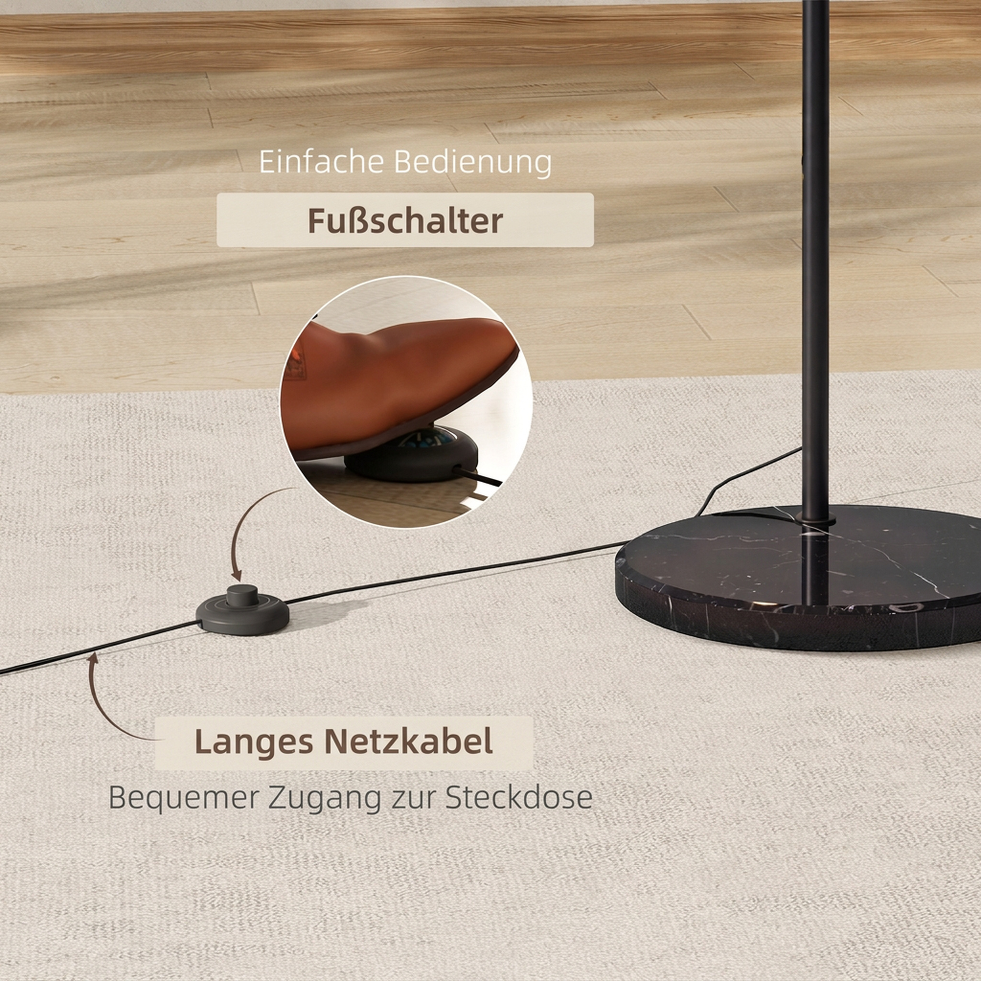 Bogenleuchte, Stehlampe, höhenverstellbar, Fußschalter, Sockel in Marmoroptik, 170-180cm, Schwarz