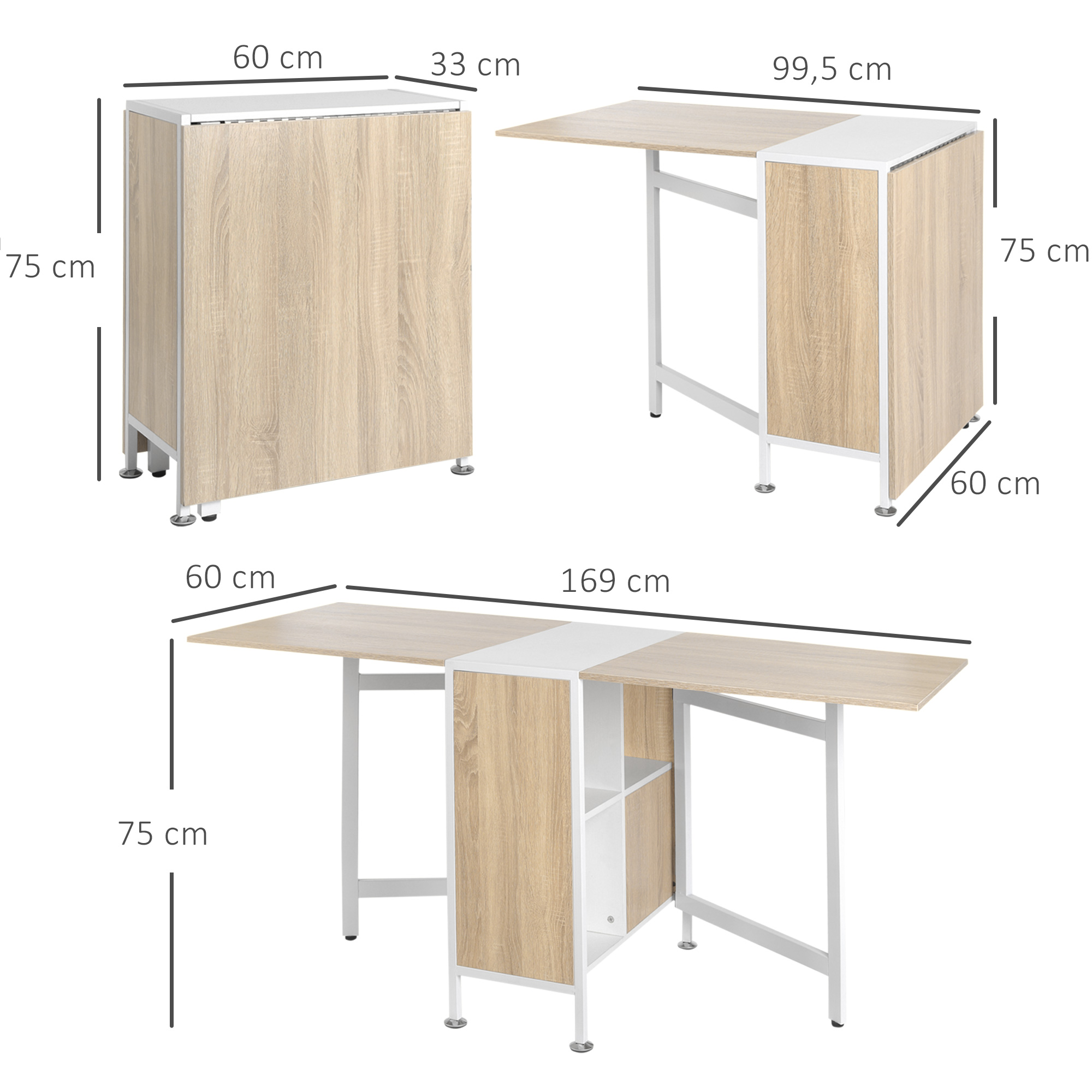 Klapptisch Esstisch Beistelltische Ablagefläche für Wohnzimmer Küche Eiche Holz Metallrahmen Natur+Weiß 169 x 60 x 75 cm