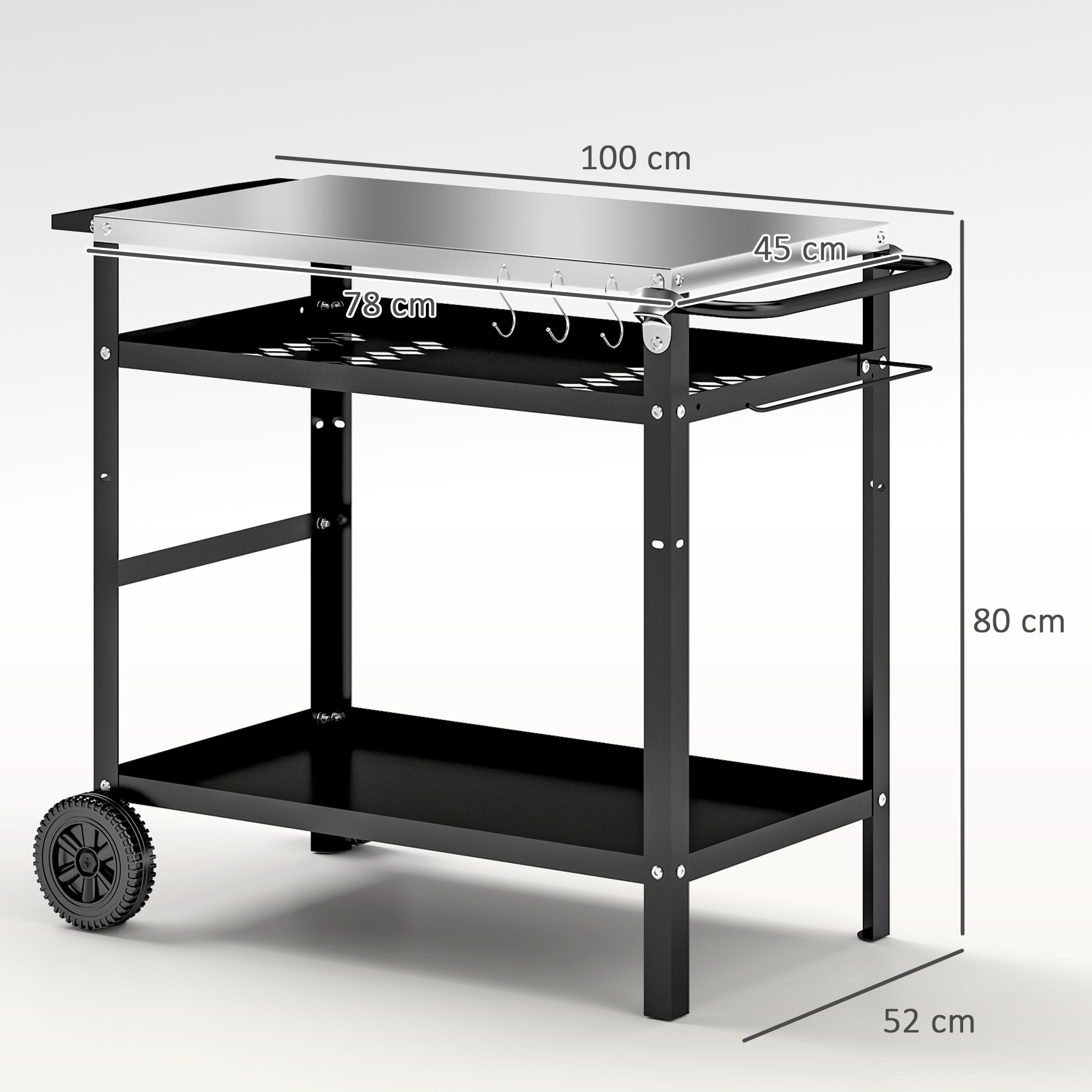 Grillwagen 3-Etagen Servierwagen mit Arbeitsfläche Griffe Hülle Räder, BBQ Grilltisch Edelstahl 100x52x80cm Schwarz