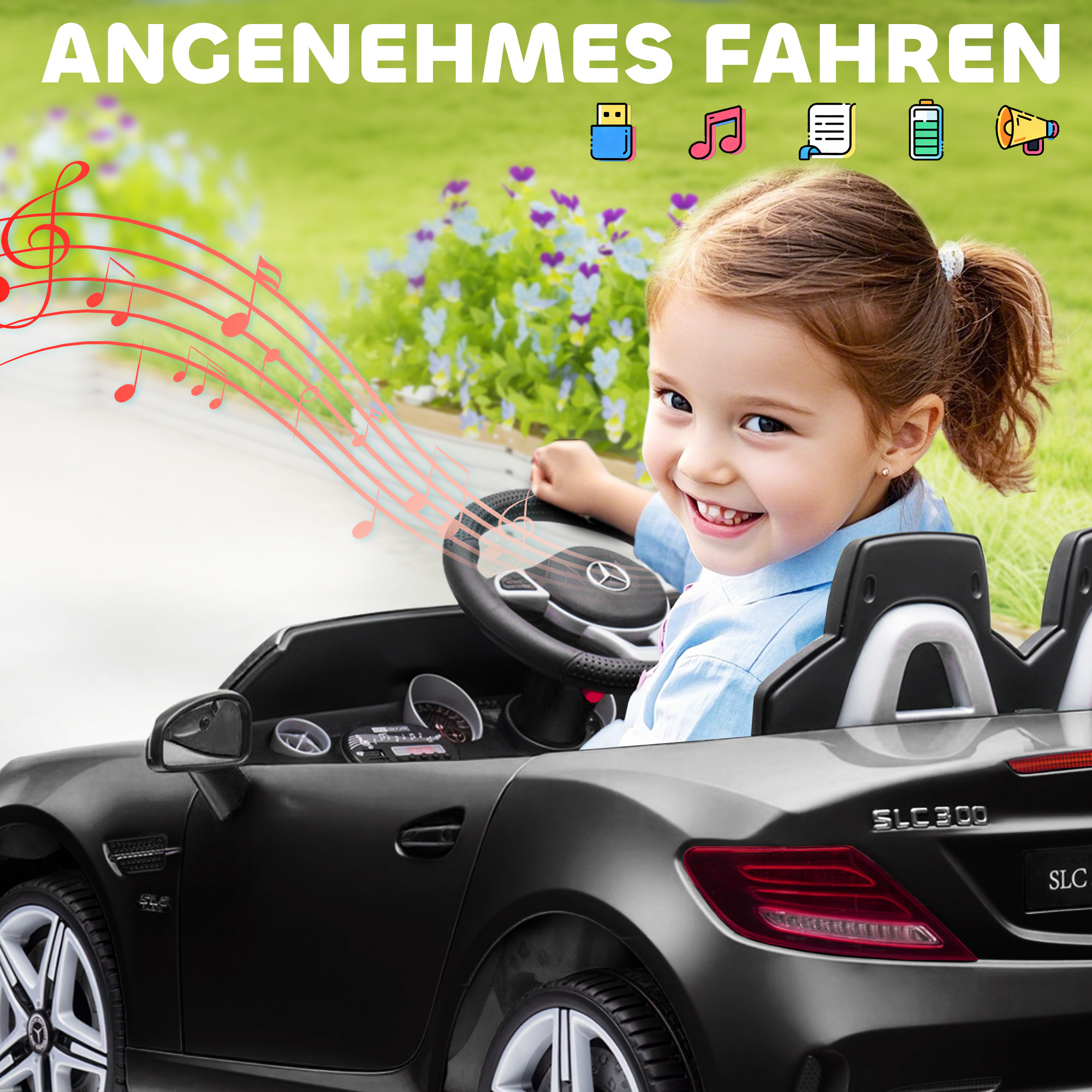 Kinder-Elektroauto, mit LED-Scheinwerfern, Sicherheitsgurt, Hupe, Musik, 3-5 km/h, schwarz, 107 x 62,5 x 44cm