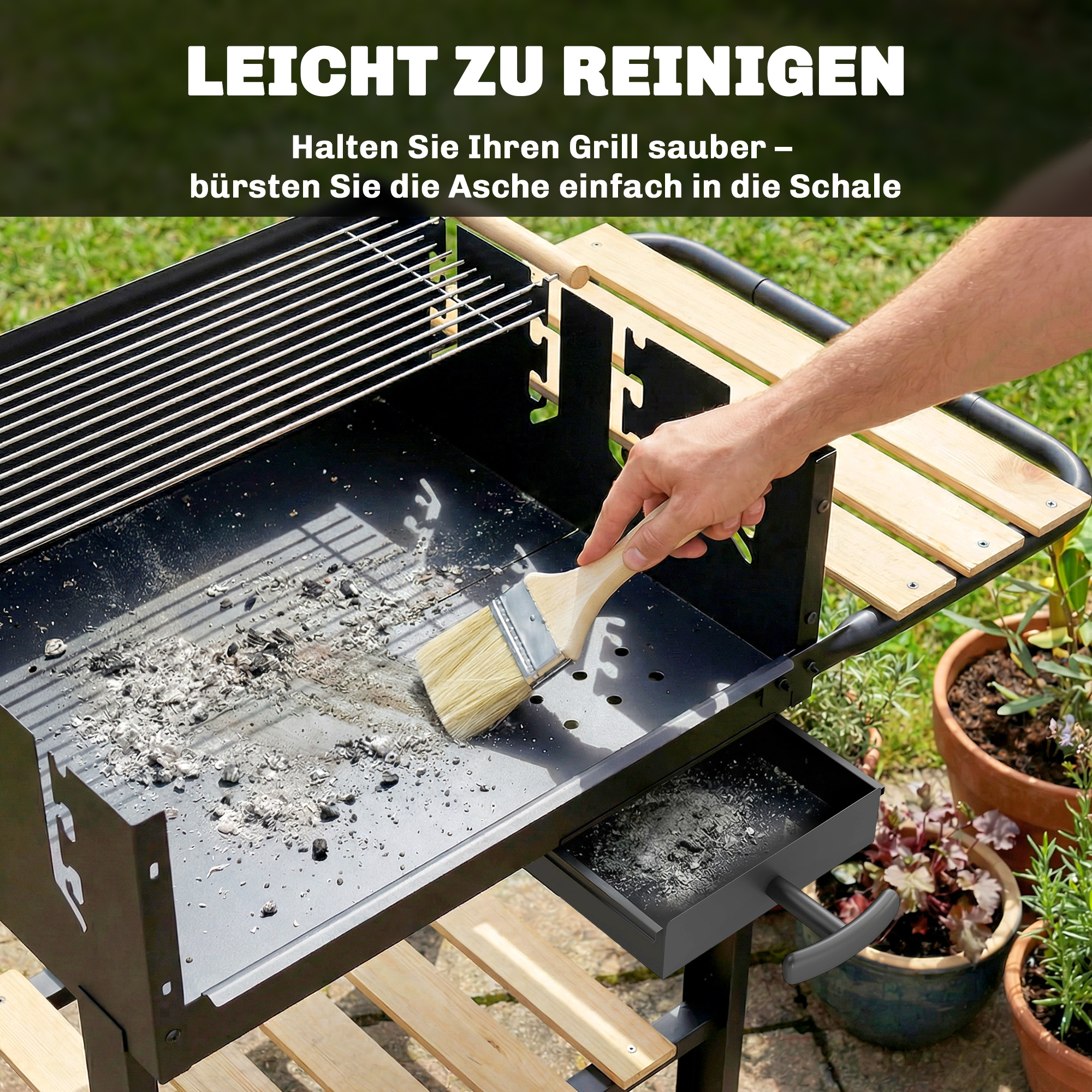 Holzkohlegrill Grillwagen mit 4-fach höhenverstellbarer Grillrost 2 Holzablage 2 Räder Aschebehälter 99,5 x 58 x 82 cm