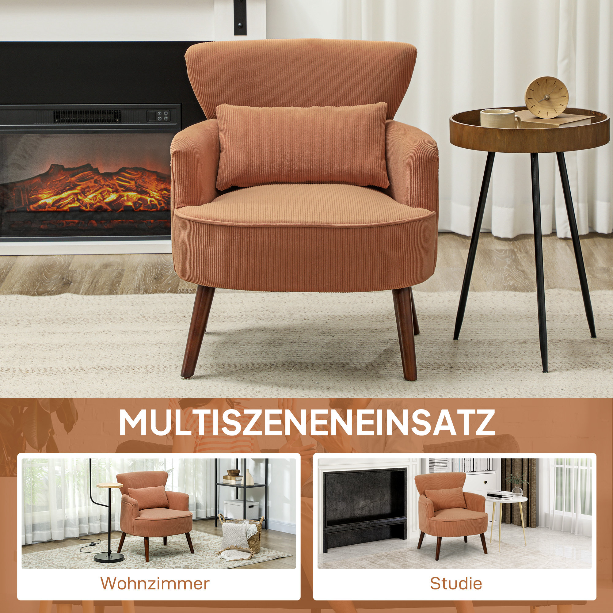 Moderner Armlehnstuhl, Gepolsterter Akzentstuhl mit Lendenkissen, Kautschukholzbeinen, Orange