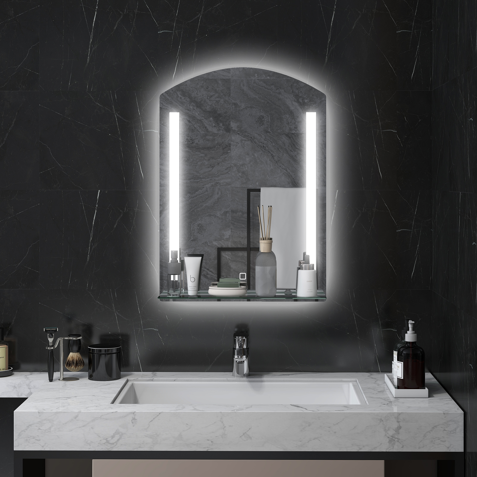 Badezimmerspiegel mit LED-Beleuchtung, elegant und hochwertig, Glas, Aluminium, Kunststoff, 50L x 12B x 70H cm