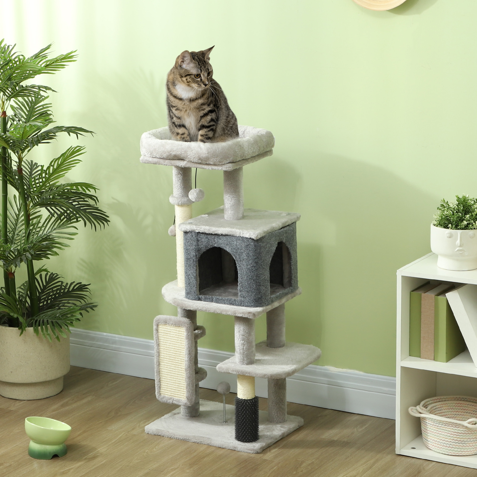 Kratzbaum 104 cm Katzenbaum mit Katzenhöhle Bett Sisal-Kratzsäulen Kratzbrett Plüschbälle für Katzen bis 5 kg Hellgrau