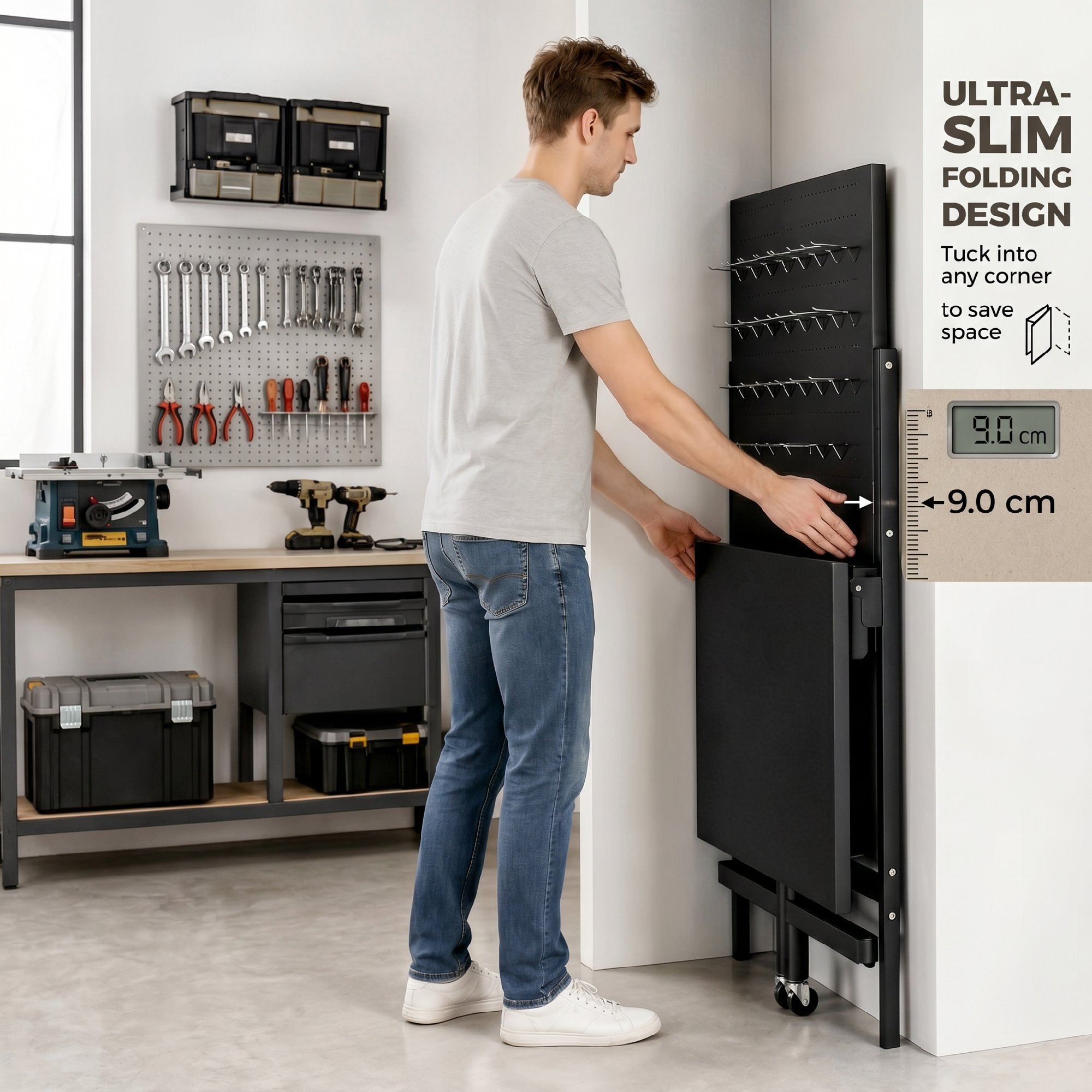 Werkbank mit Lochwand, Klappbare Mobile Werkbank mit Rollen, Dicke Arbeitsplatte, Stahlrahmen, Haken, Schwarz