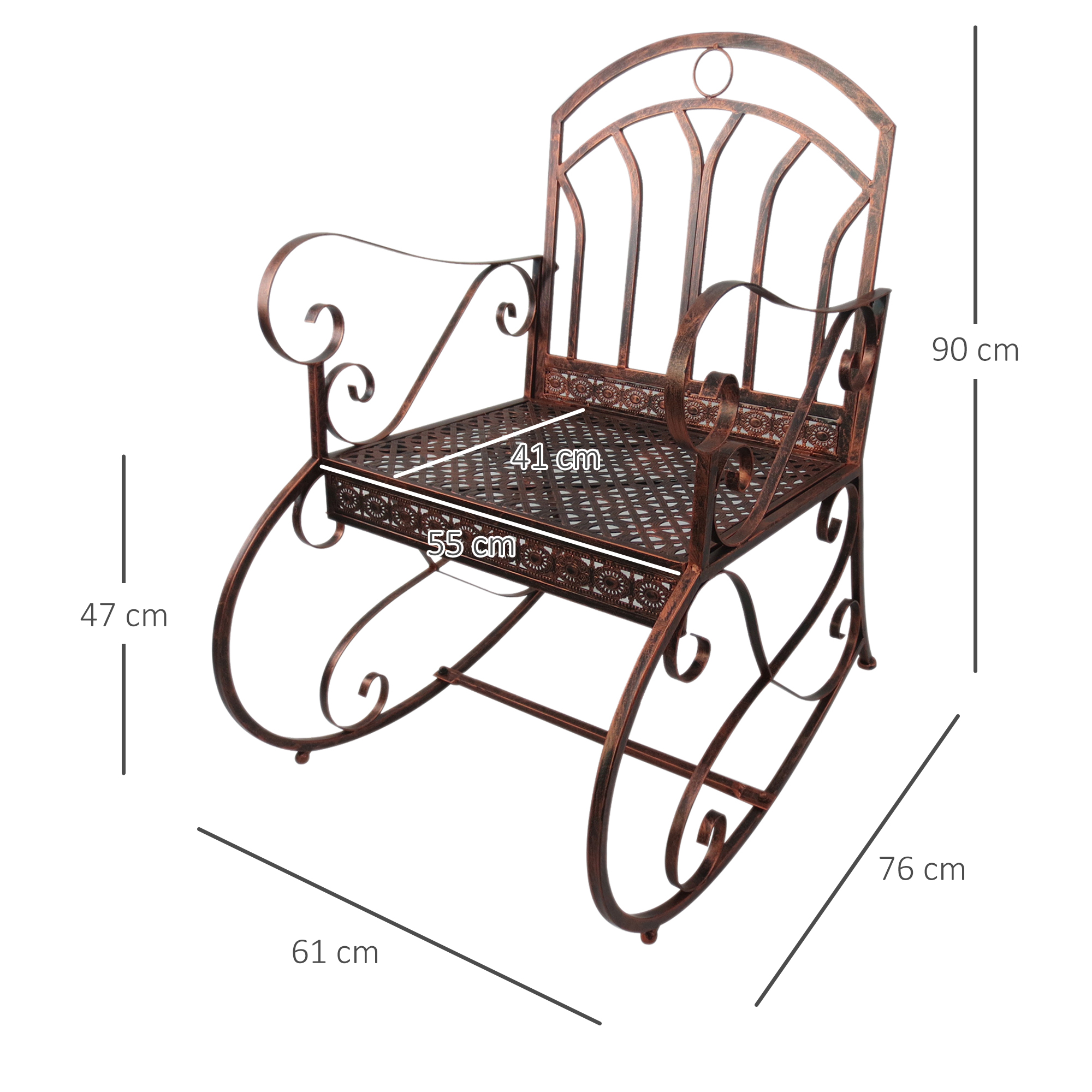Schaukelstuhl Gartenstuhl, Vintage-Design, 61cm x 79cm x 90cm, Braun + Schwarz