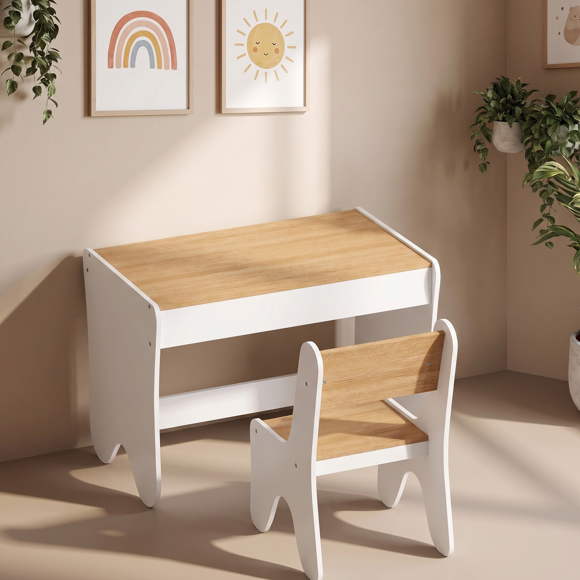 Kindertisch mit Stuhl 2 teilige Kindersitzgruppe mit Schublade Abgerundete Kanten, Platzsparend für Kinder 3-8
