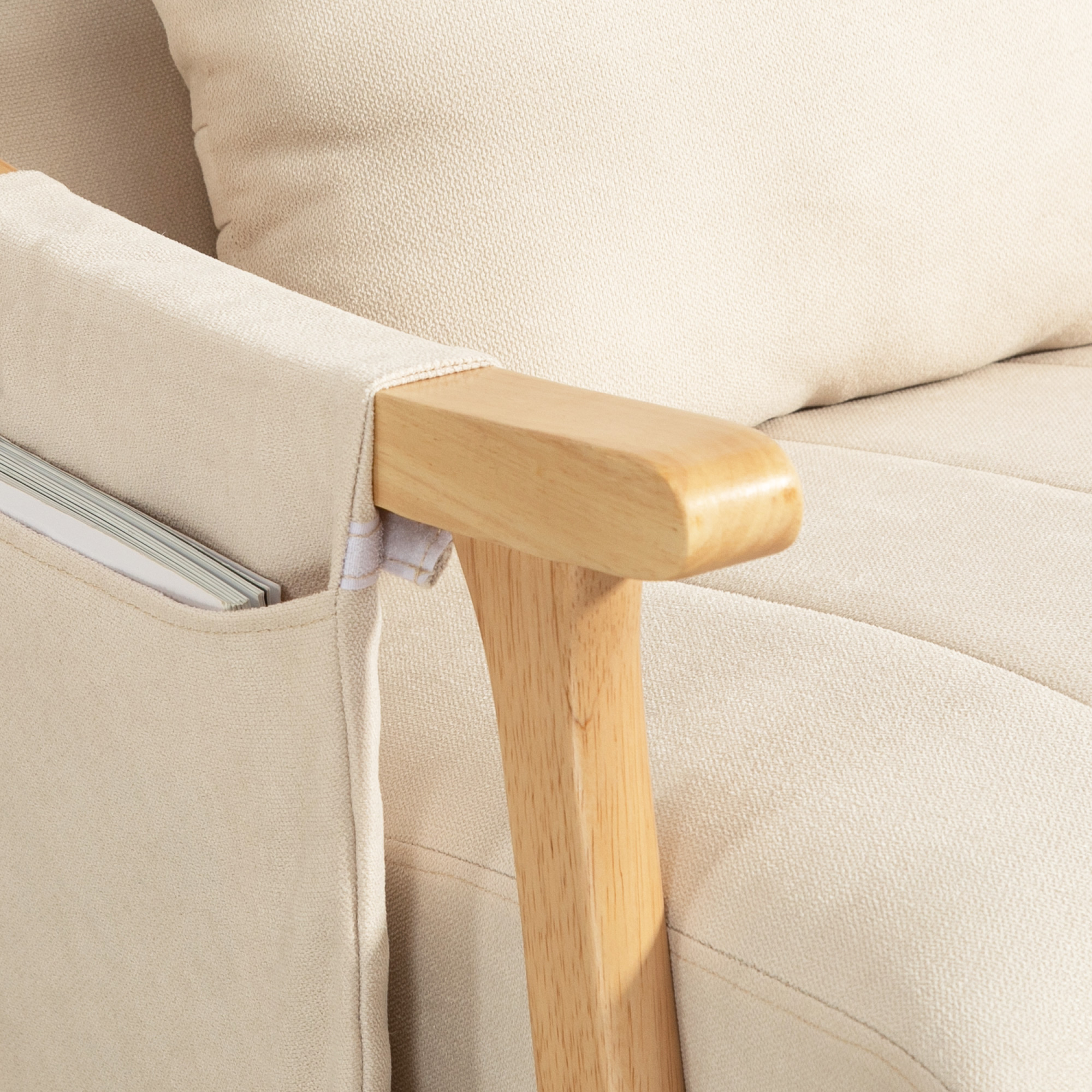 Schaukelstuhl mit Nierenkissen, breiter Sitz, Kautschukholzrahmen, bis 120 kg, Beige