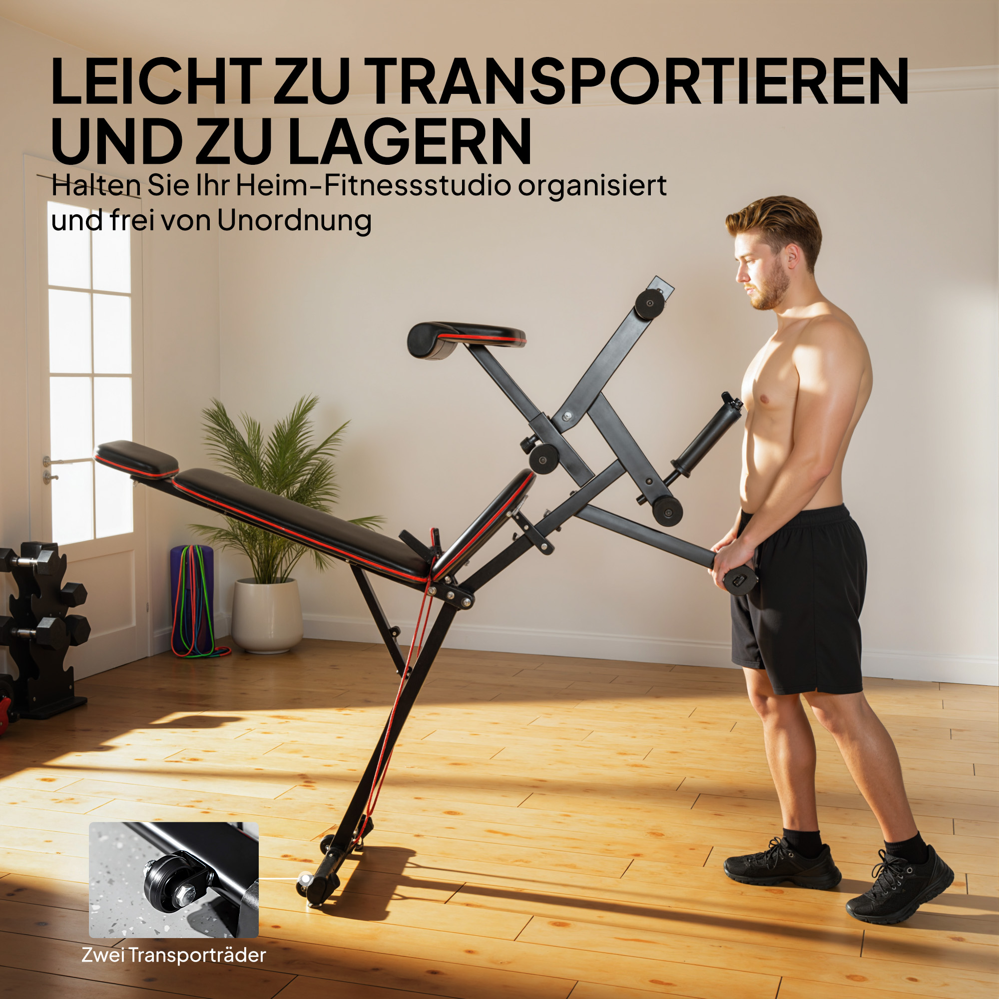 Hantelbank verstellbar bis 300 kg 3 in 1 Trainingsbank mit Rollen Beinstrecker Curlpult Kopfstütze Widerstandsbändern