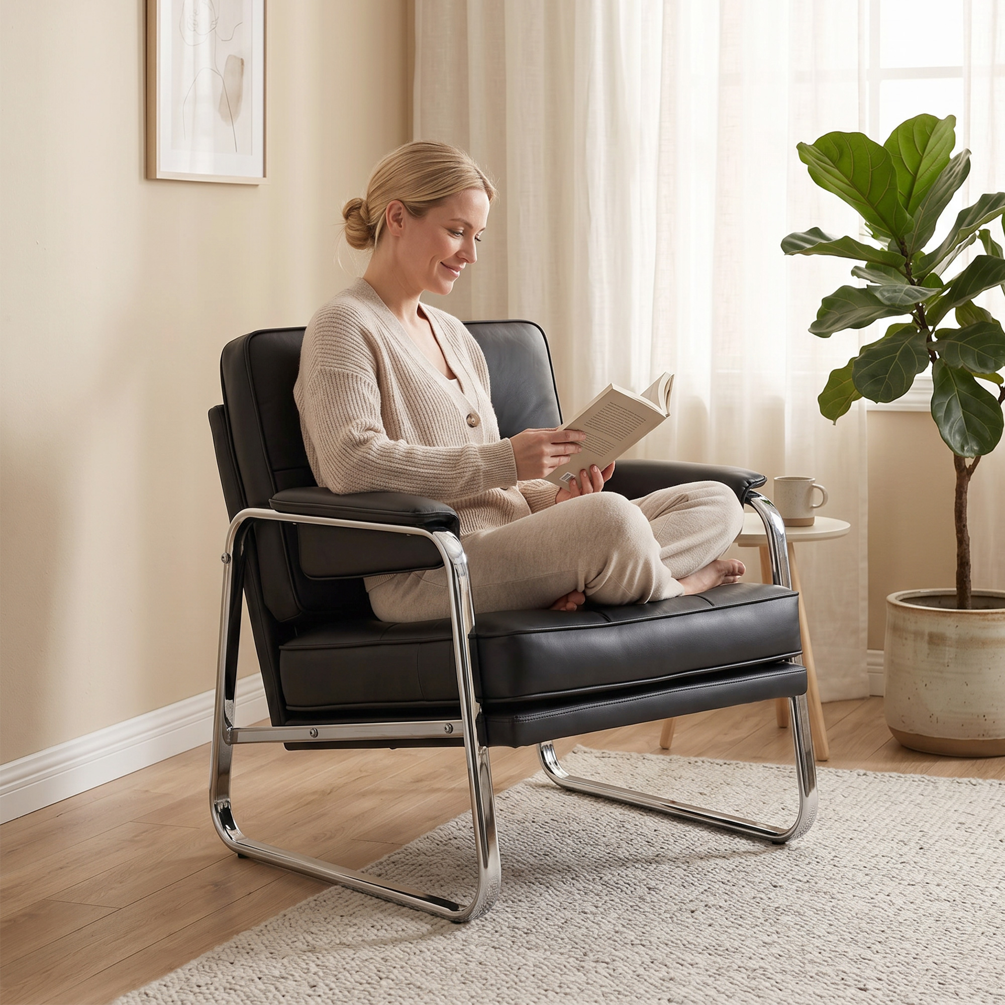 Sessel Loungesessel mit breiter Sitz, Armlehnen, Stahlbeinen, aus Kunstleder für Wohnzimmer, Schlafzimmer, Schwarz