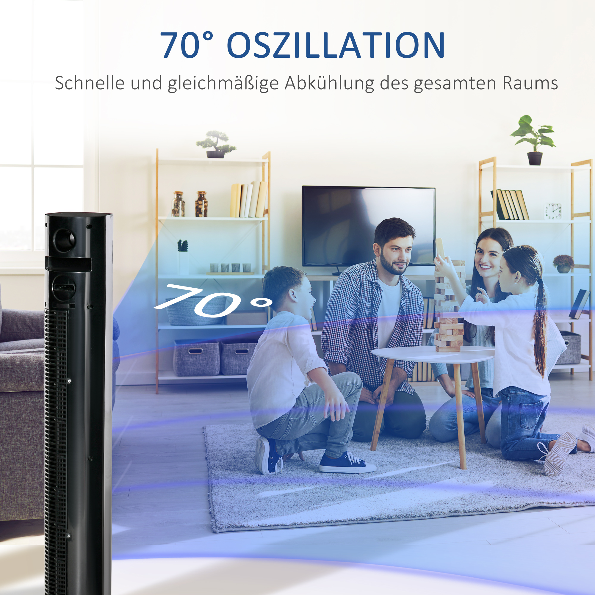 Turmventilator mit Fernbedienung 45W 70° Oszillation Säulenventilator Ventilator mit Aroma-Diffusor Timer-Funktion 3 Belüftungsstufen Schwarz