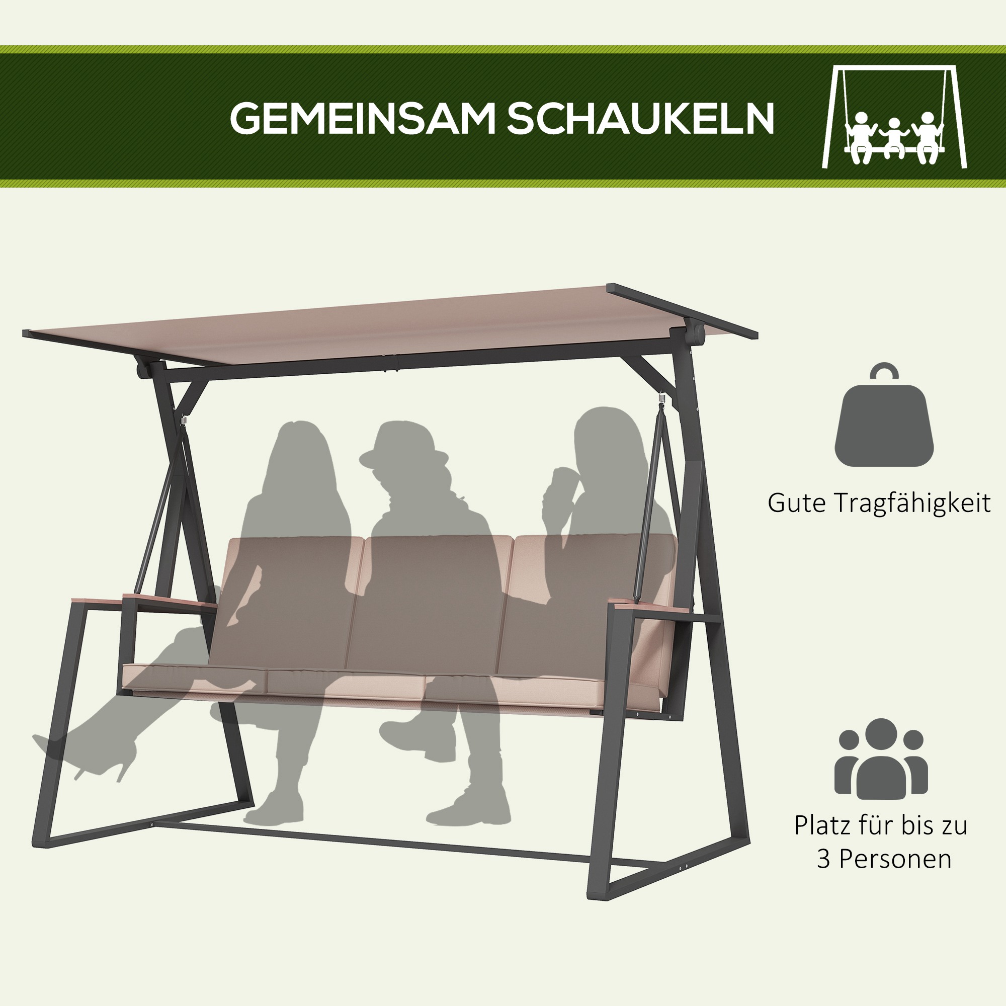 Hollywoodschaukel Gartenschaukel 3-Sitzer-Schaukel, mit Sonnendach, wetterbeständig, Beige + Schwarz