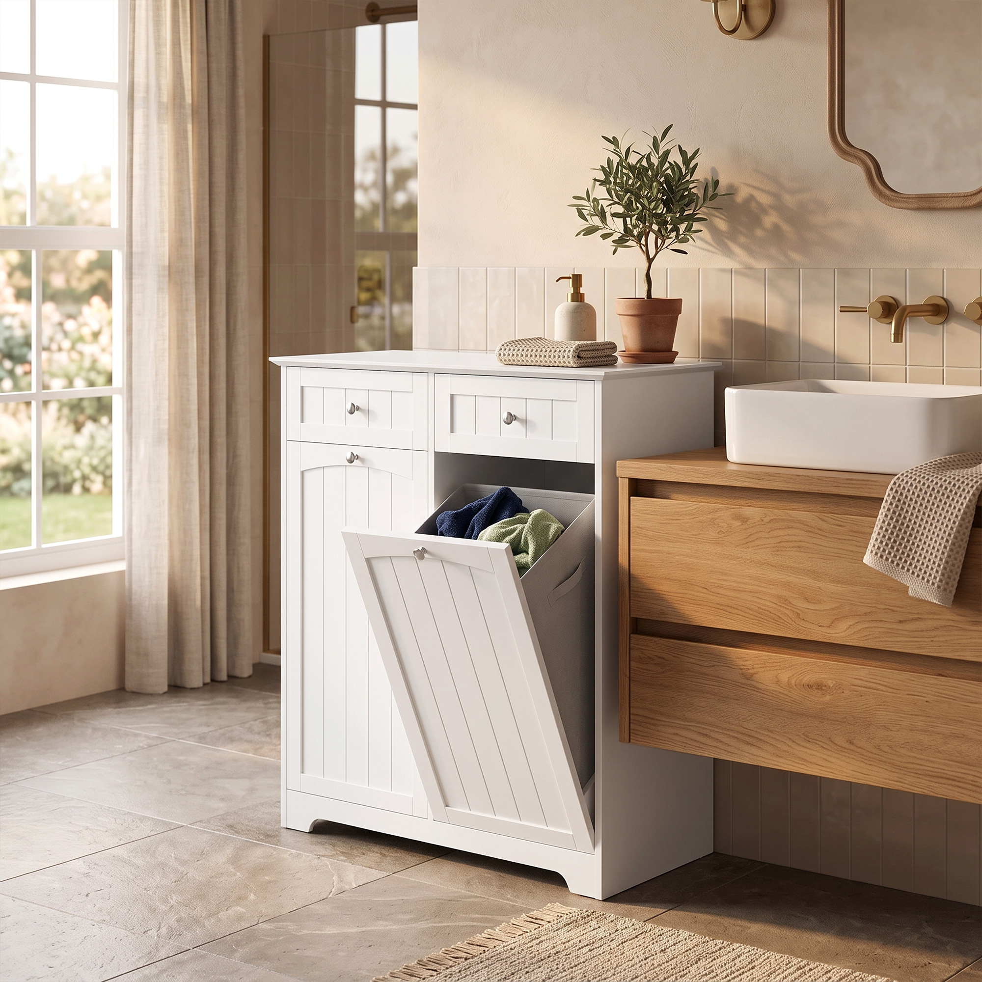 schmaler Badschrank freistehend mit Schubladen und Wäschekippe Badezimmerschrank 78x38x90 cm Weiß