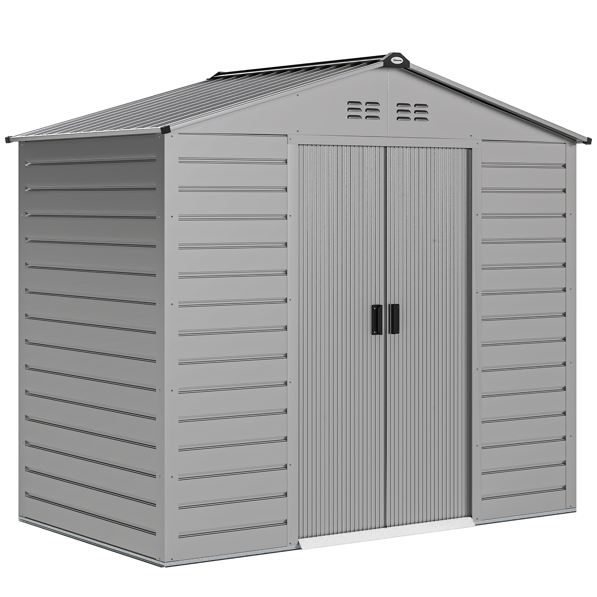 2,43 ? Gerätehaus, 213 x 131 x 192 cm Geräteschuppen mit Satteldach, Abschließbare Schiebetür, wetterfest, Grau 2,43 ? Gerätehaus, 213 x 131 x 192 cm Geräteschuppen mit Satteldach, Abschließbare Schiebetür, wetterfest, Grau