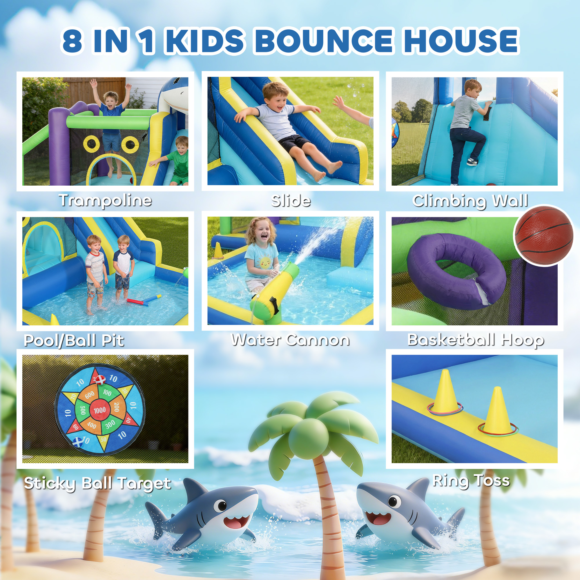 8-in-1 aufblasbar Hüpfburg mit Hai-Design Gebläse Rutsche Planschbecken Trampolin für 3-8 Jahre 405x345x235cm Mehrfarbig