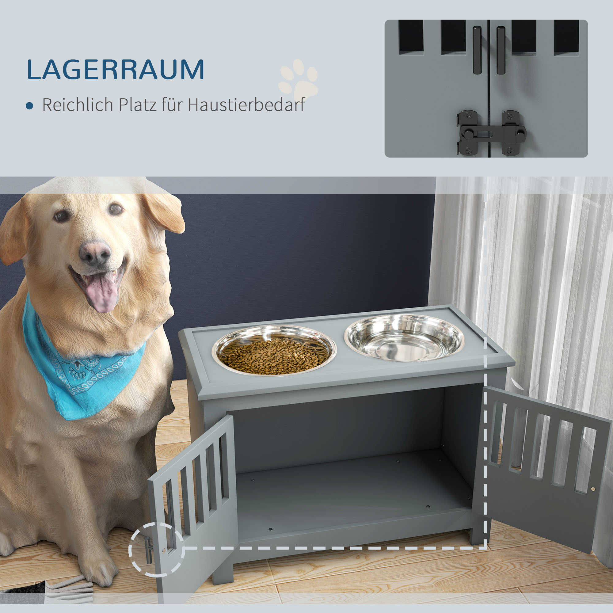 erhöhte Futterstation für große Hunde, 2 Edelstahlnäpfe, Stauraum, 35,5x60x30 cm, Grau