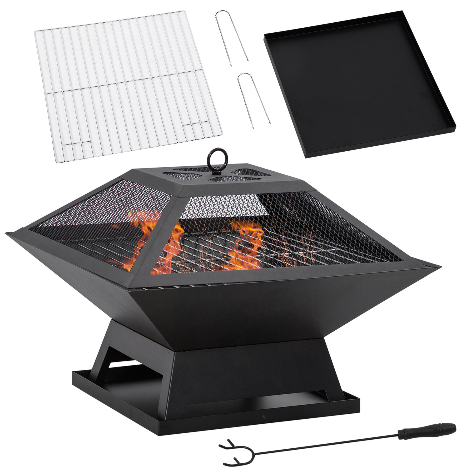 Feuerschale 45 x 45 x 34cm aus Edelstahl Feuerstelle mit Funkenschutz Schürhaken Feuerschalen Feuerkorb für Garten, Balkon, BBQ Camping Schwarz Feuerschale 45 x 45 x 34cm aus Edelstahl Feuerstelle mit Funkenschutz Schürhaken Feuerschalen Feuerkorb für Garten, Balkon, BBQ Camping Schwarz
