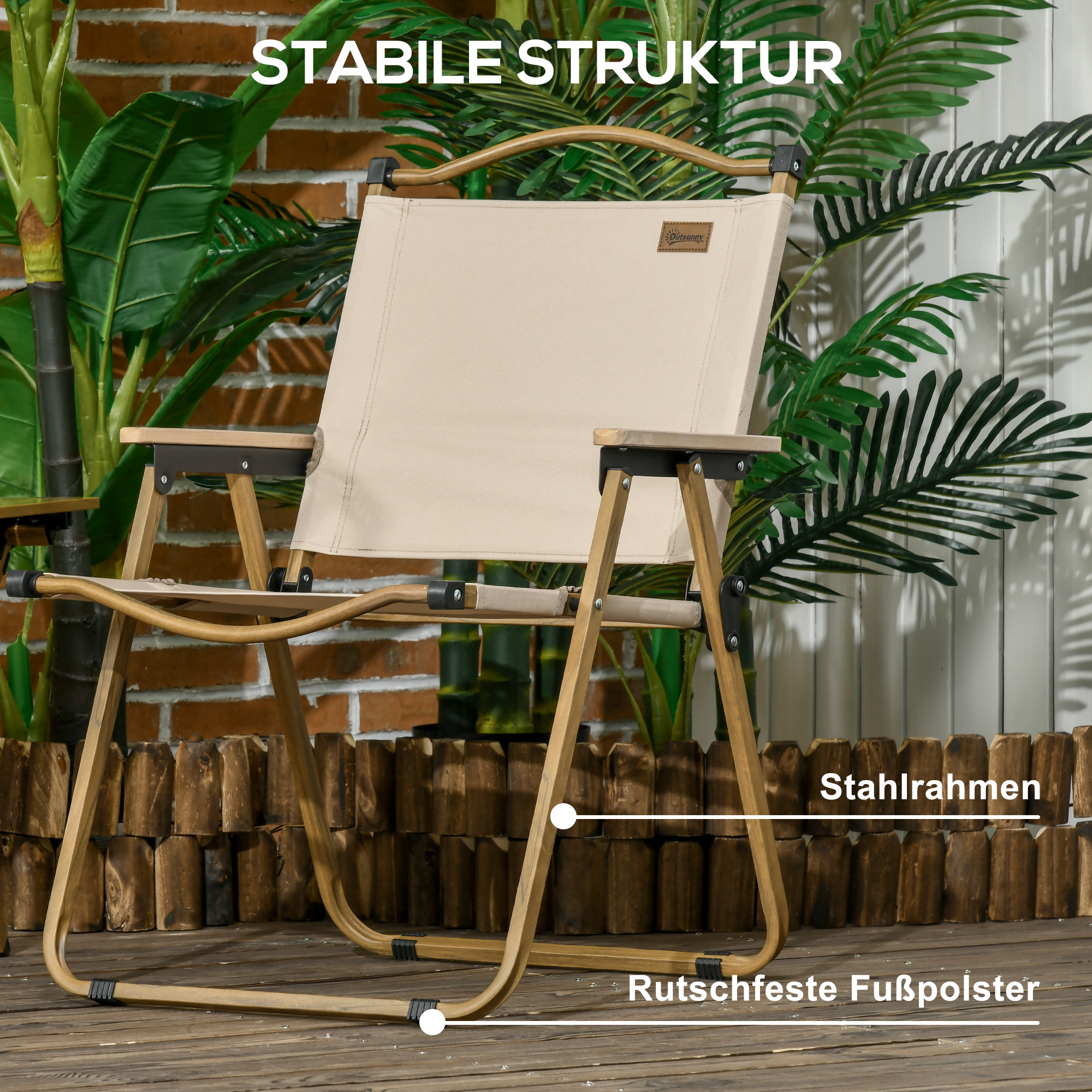 Campingstühle, 2 x Strandstuhl, faltbar, Stahl, Holzoptik, Khaki