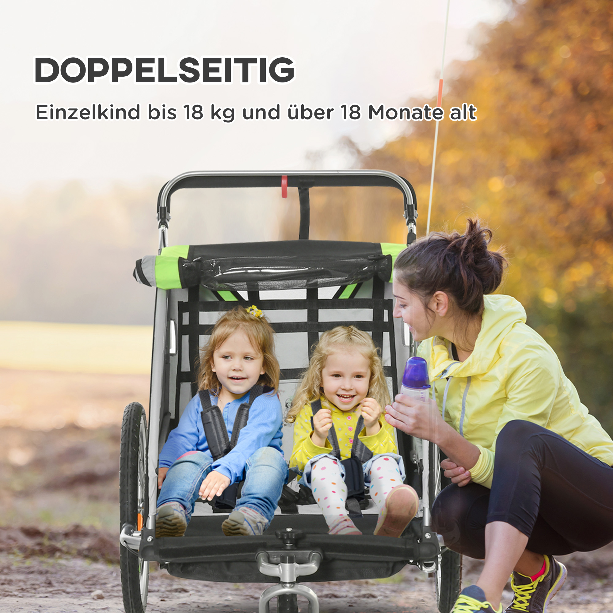 2-in-1 Fahrradanhänger für 2 Kinder, Schiebefunktion, Regenschutz, Bremse, Grün
