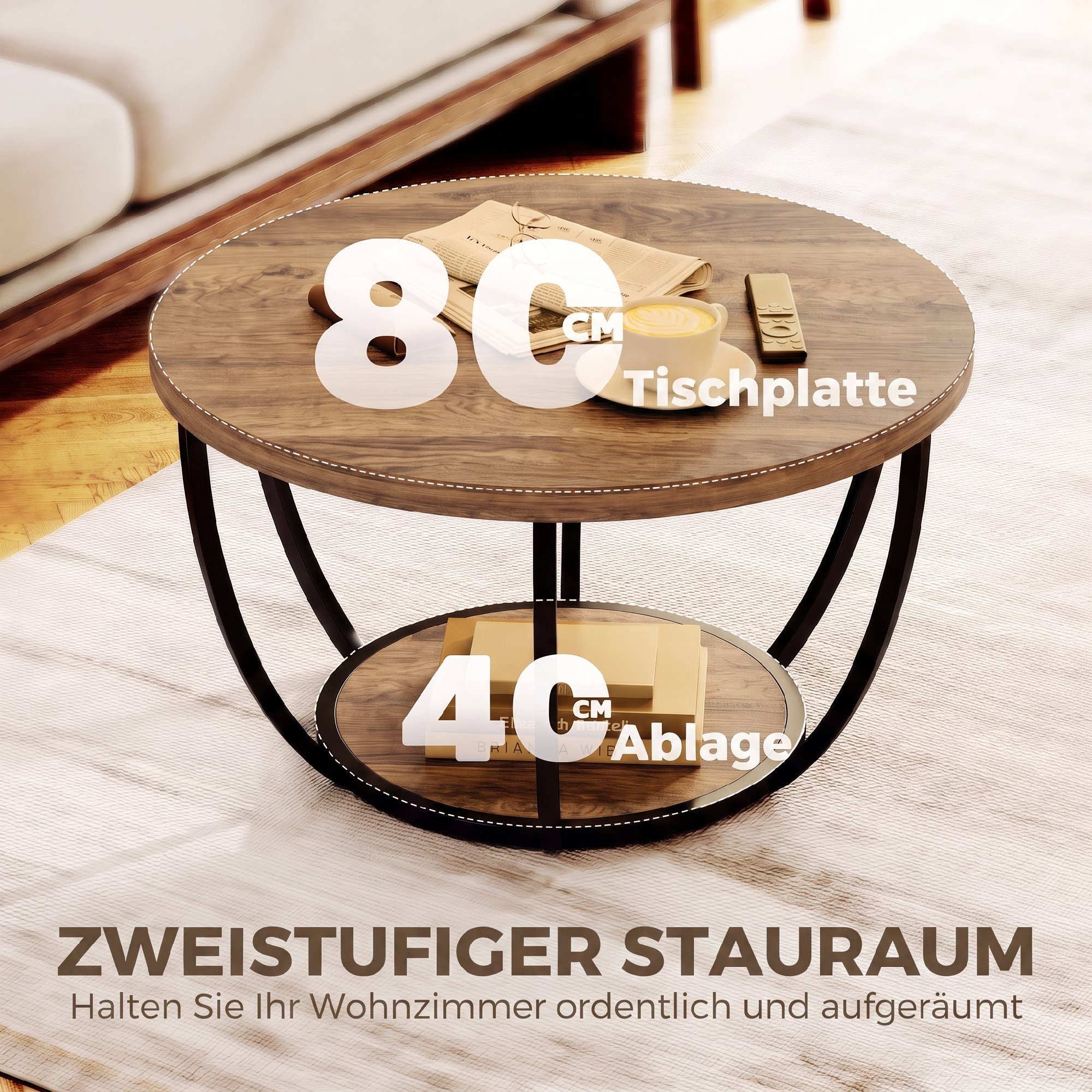 Couchtisch mit 2 Ebenen, Wohnzimmertisch 80 x 80 x 43,8 cm, Braun/Schwarz