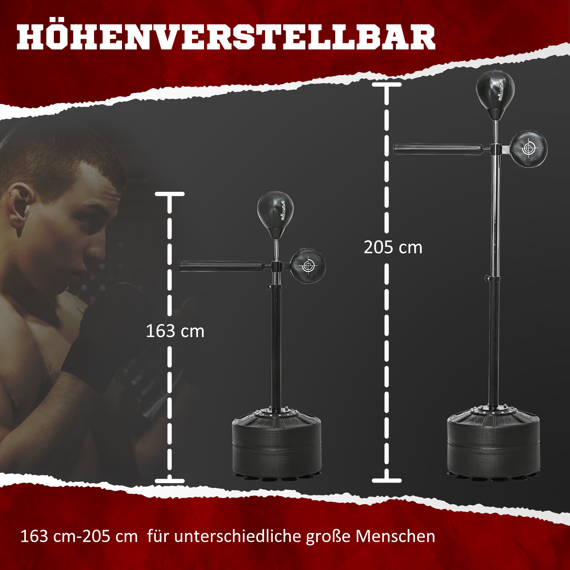 Höhenverstellbarer Punchingball, 360° drehbar, inkl. Boxbandagen, Schwarz, 80,5 x 48 x 163-205 cm