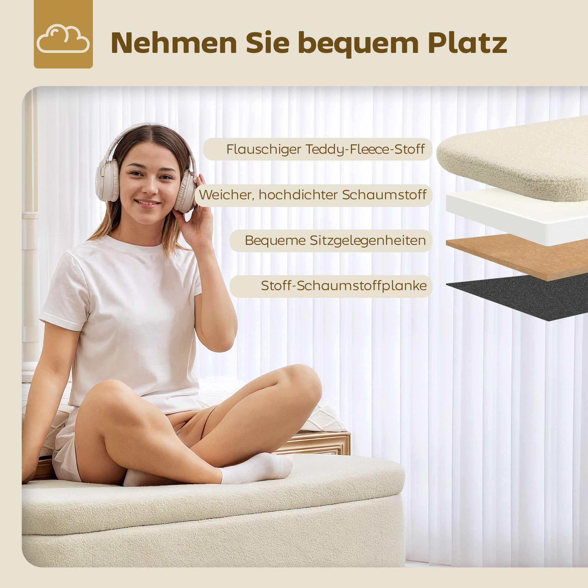 Aufbewahrungsbank, Sitzbank mit 65 L Stauraum, Teddy-Fleece-Stoff, Kautschukholz, 120 x 42 x 45 cm, Beige
