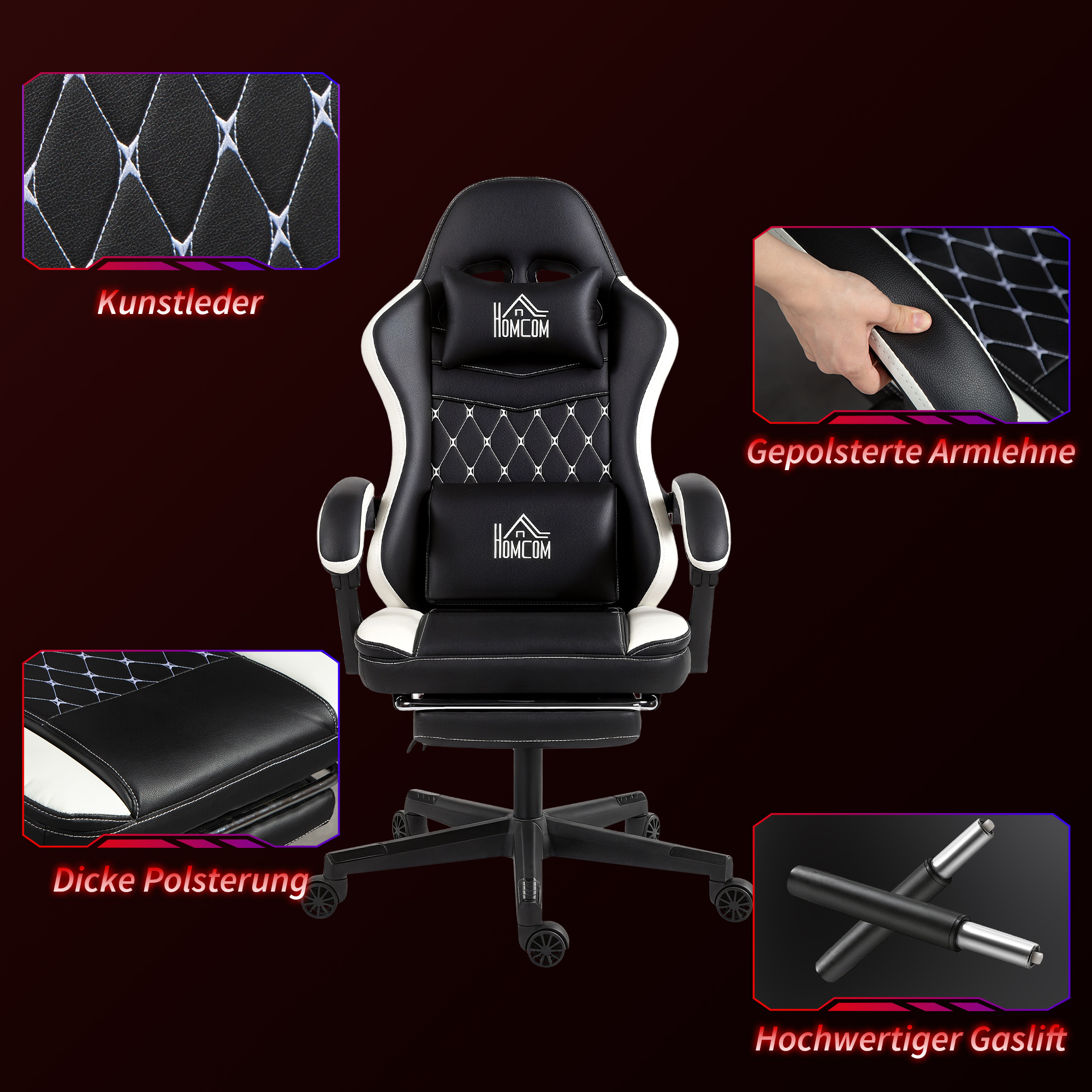 Gaming-Stuhl mit Fußstütze, Computerstuhl mit Kopfstütze & Kissen, Kunstleder-Bezug, drehbar, höhenverstellbar, Metall, Kunststoff, Schwarz+Weiß