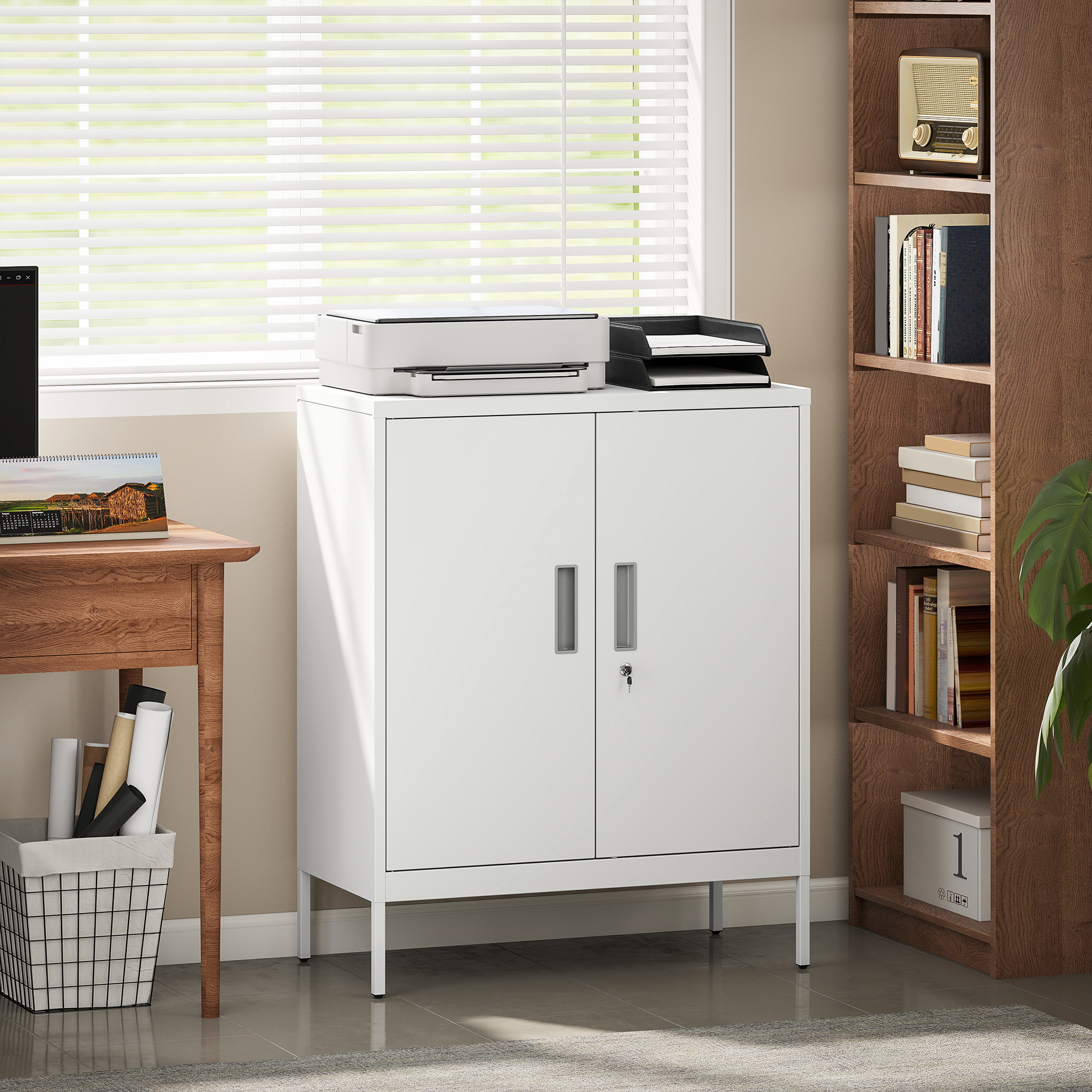 Verschließbarer Stahlschrank mit 2 Türen, Büroschrank, verstellbare Regale, für Homeoffice, Wohnzimmer, Garage, Weiß
