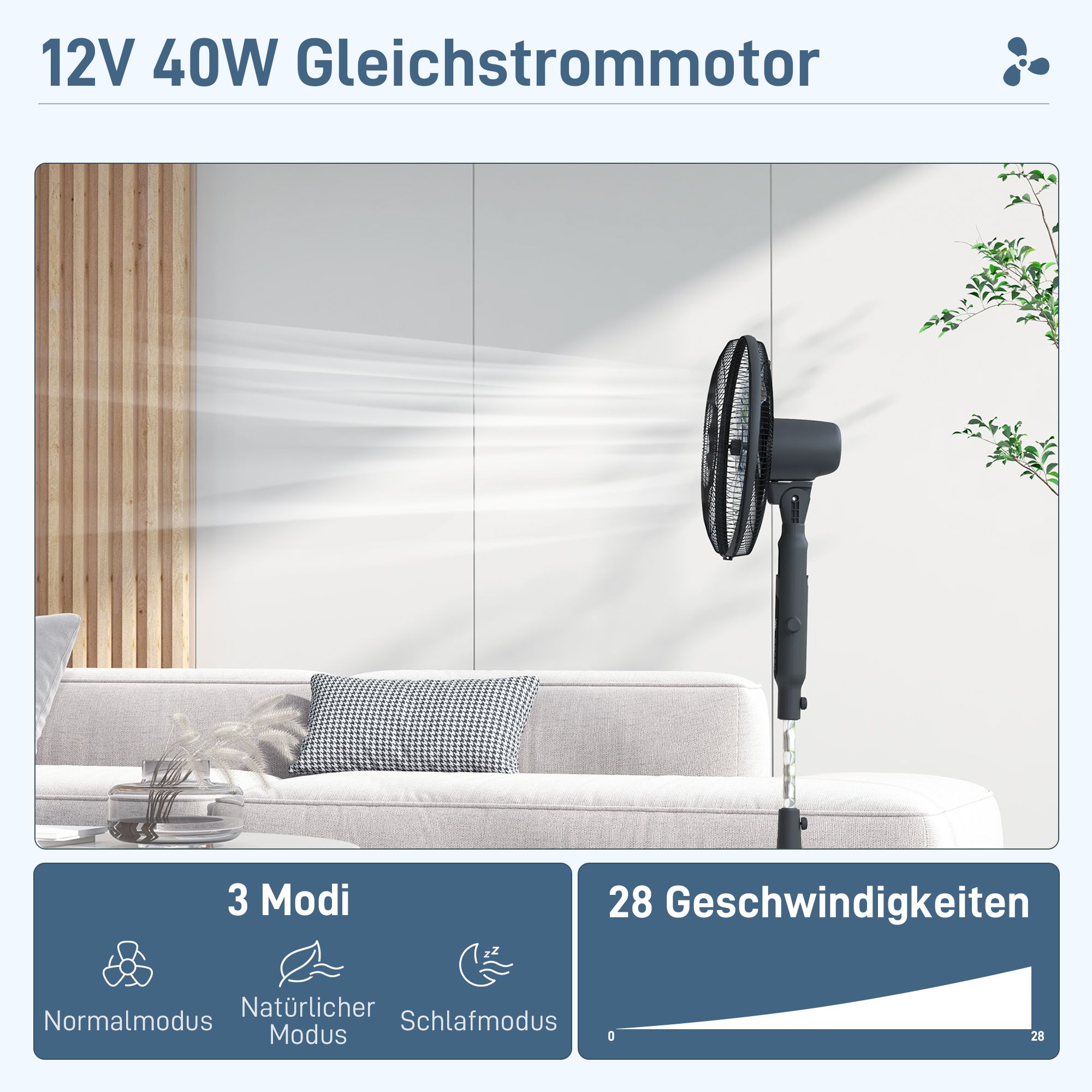 Standventilator leise mit Fernbedienung, 3 Modi, 28 Geschwindigkeiten, Mückenschutz & Oszillation, Schwarz