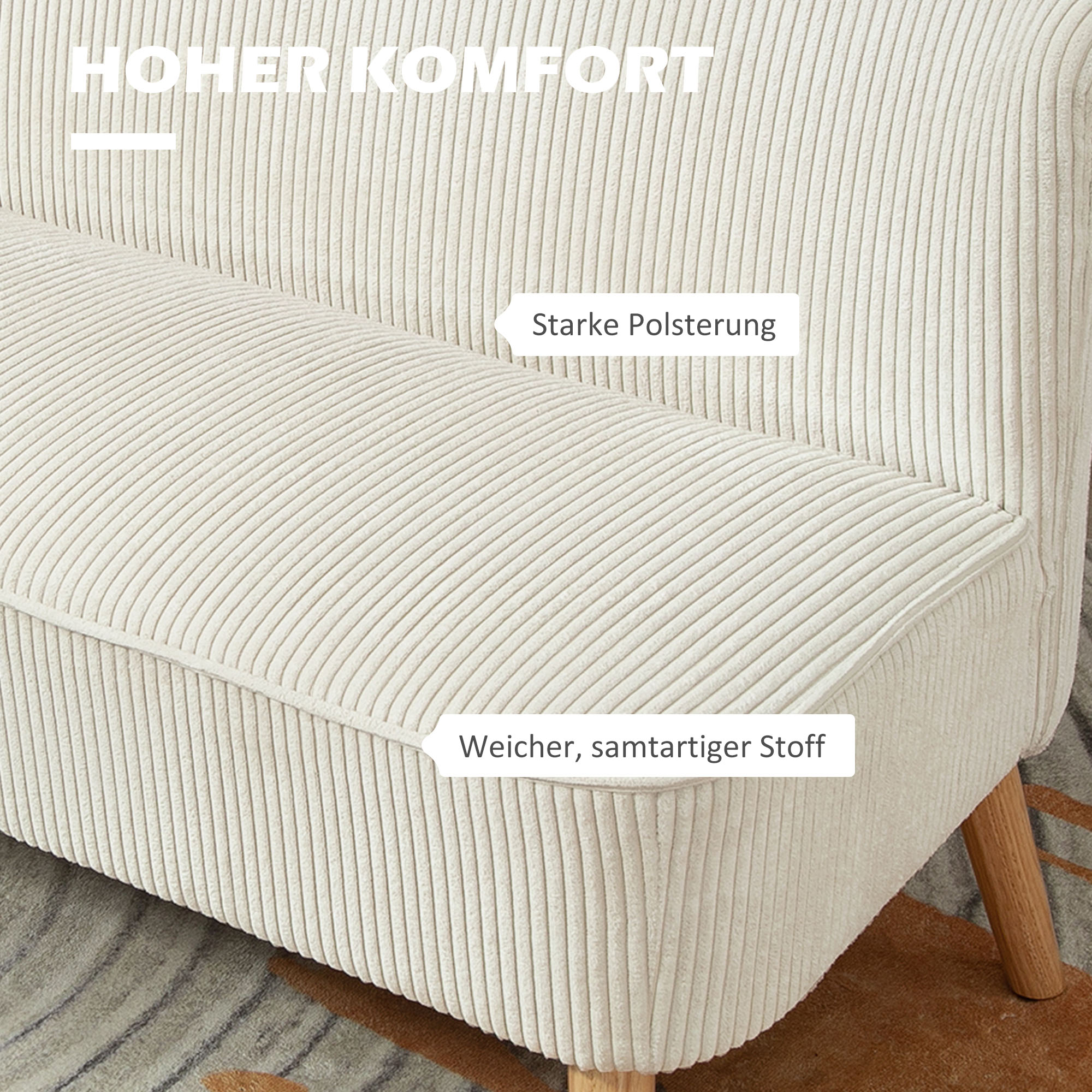 2-Sitzer Sofa, weiche Polsterung, pflegeleichter Bezug, bis 150 kg belastbar, 117 x 56,5 x 77 cm, Cremeweiß