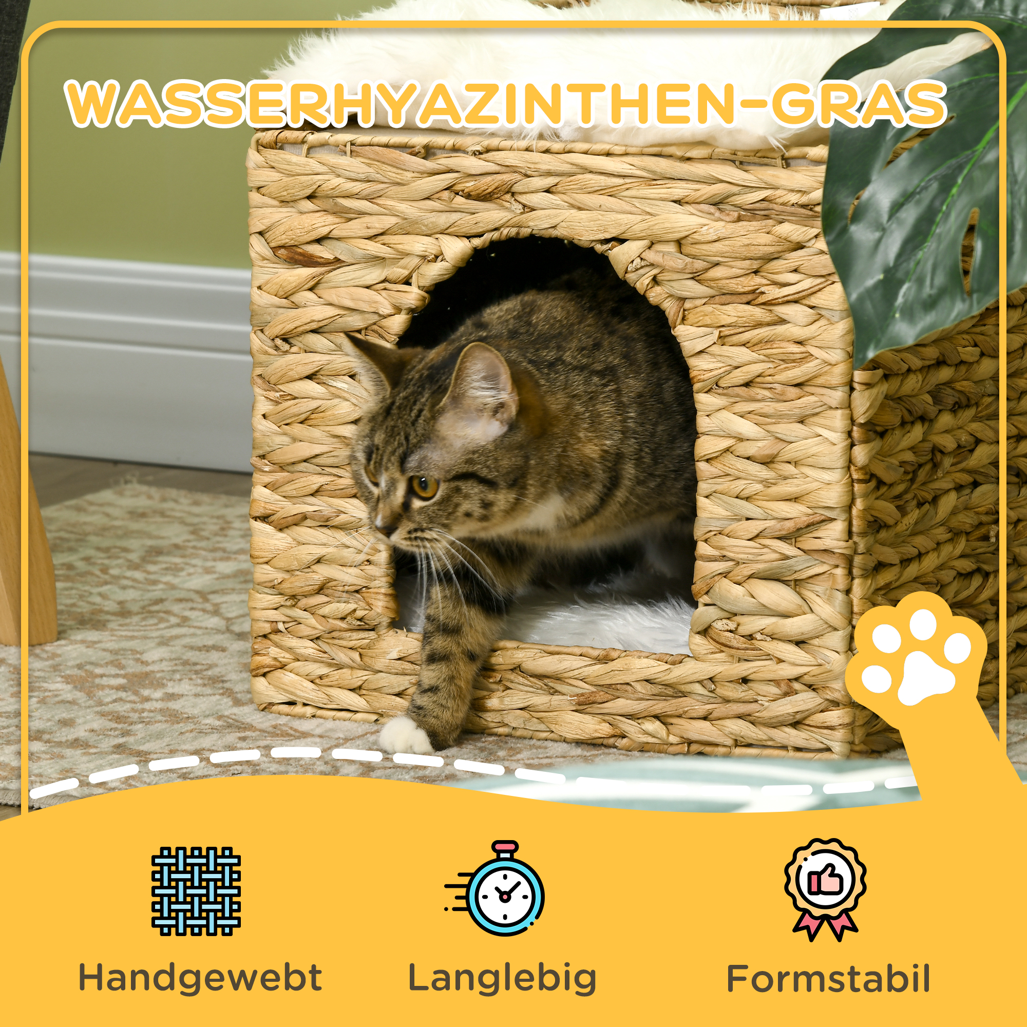 Katzenhöhle aus Wasserhyazinthen-Gras, 2 Liegefläche, 2 waschbare Kissen, Natur + Weiß