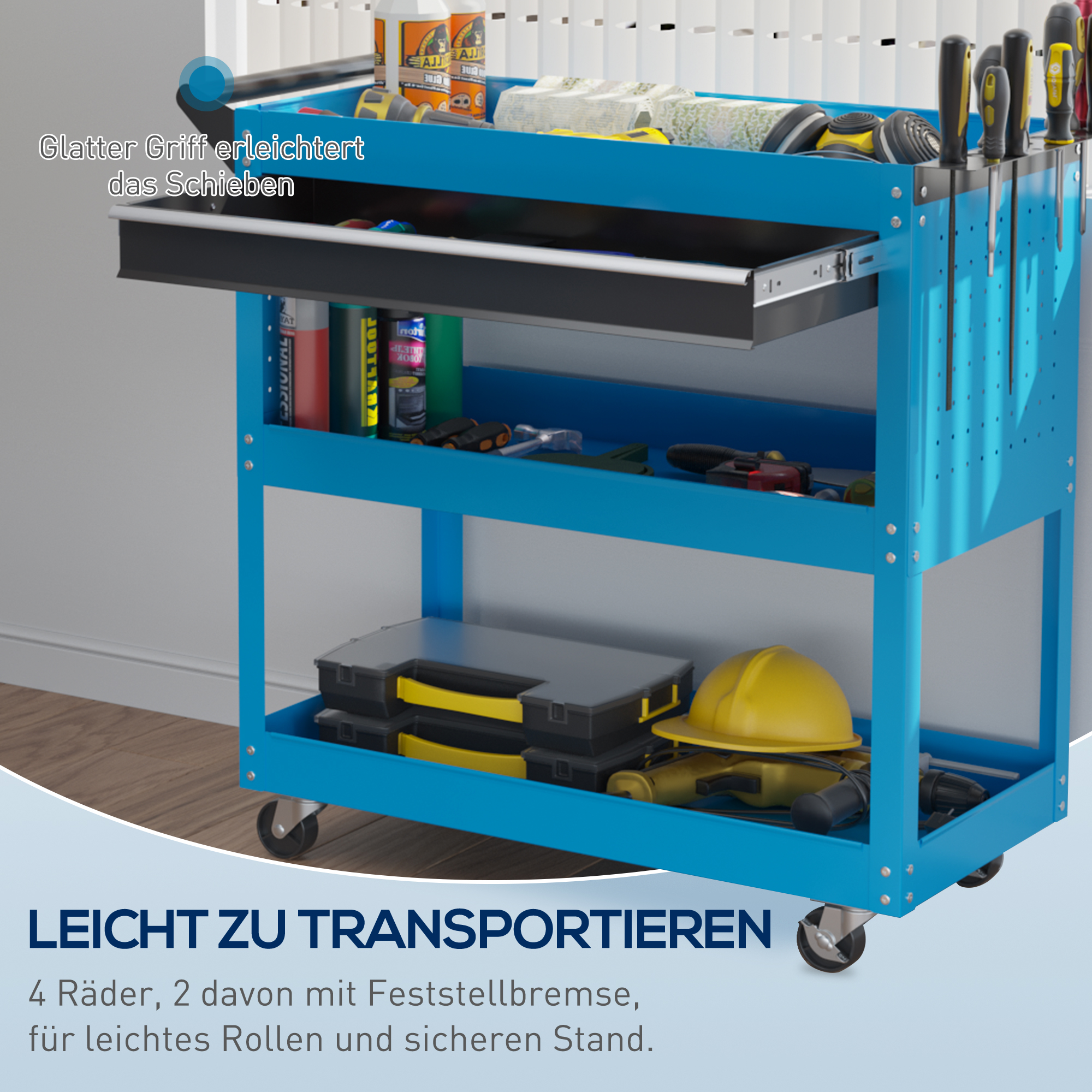 Werkzeugkoffer Werkzeugtrolley Werkzeugbox, 3 Ebenen, 4 Rollen, 82 cm x 35 cm x 76 cm, Blau