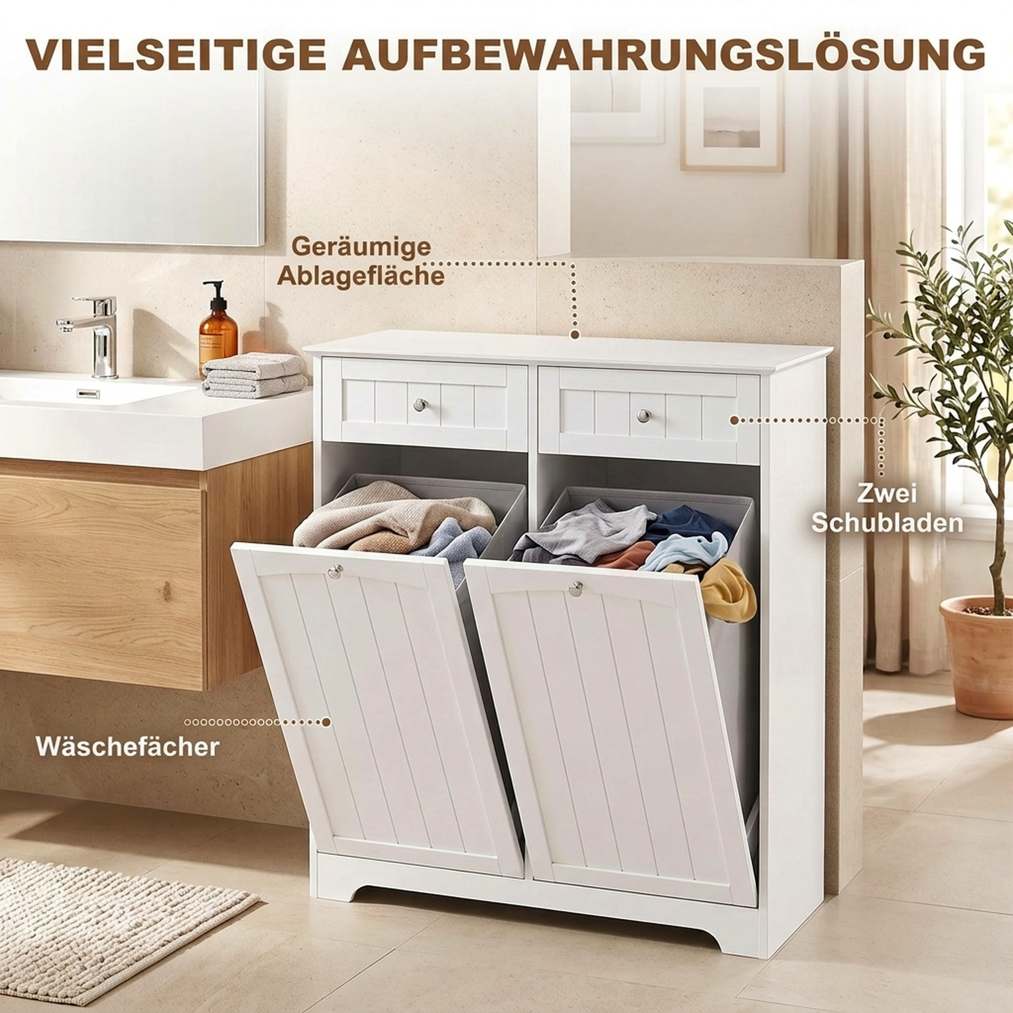 schmaler Badschrank freistehend mit Schubladen und Wäschekippe Badezimmerschrank 78x38x90 cm Weiß