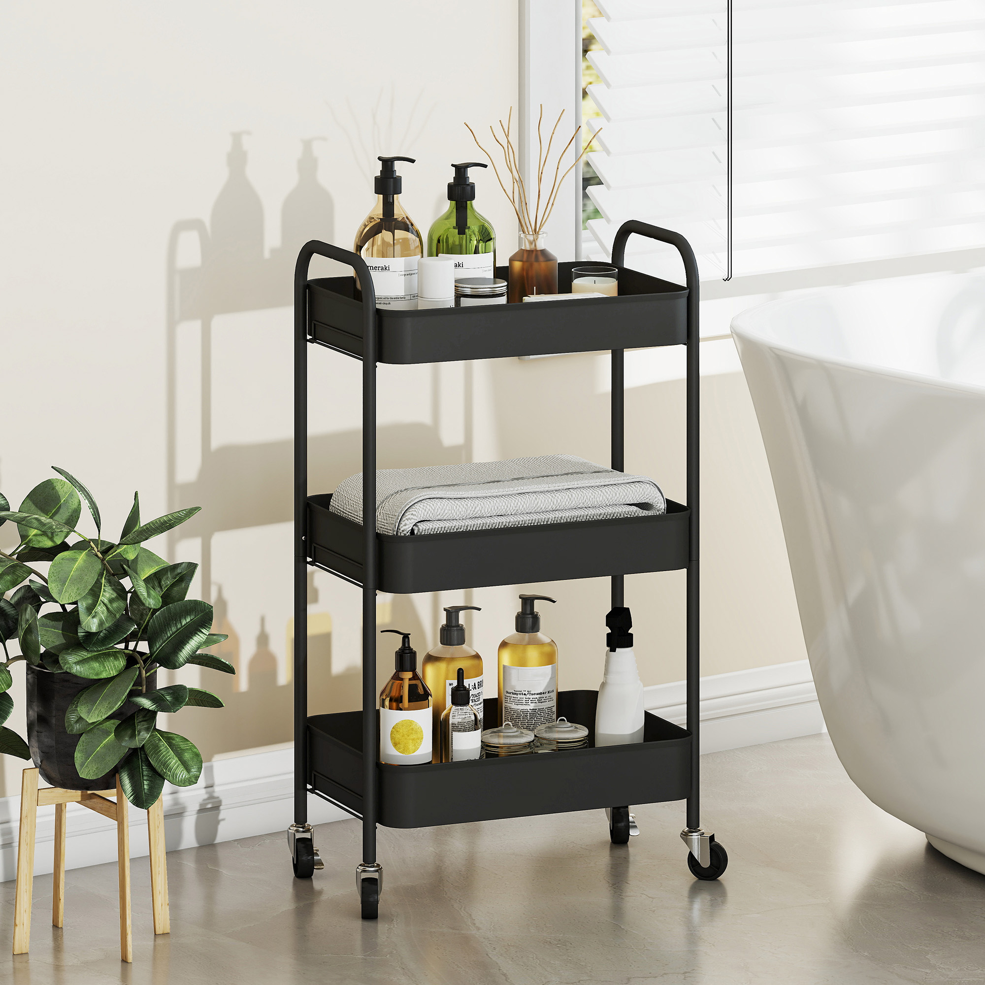 Mehrzweckwagen Rollwagen Küchenwagen, 3 Regale, 4 Rollen, 45 cm x 30,6 cm x 79 cm, Schwarz
