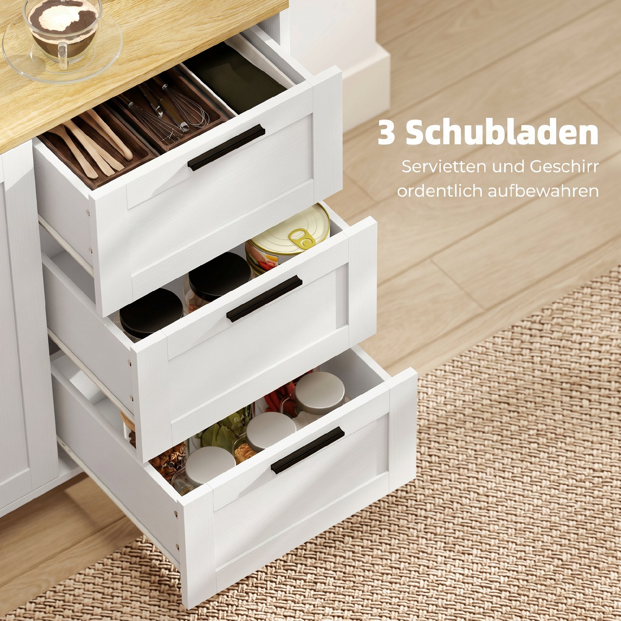 modernes Sideboard mit Soft-Close-Türen, Kaffeebar-Schrank mit 3 Schubladen und verstellbarem Einlegeboden, Weiß