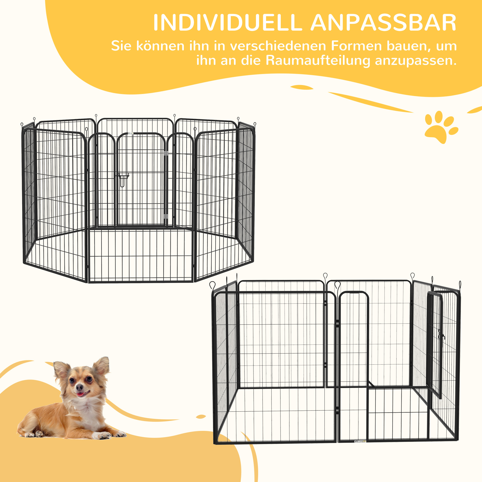 Welpenlaufstall, 8-teilig 100cm hoch Welpenauslauf mit abschließbarer Tür 8 Gitterplatten Stahl Hundelaufstall Freilaufgehege für große Hunde, für drinnen und draußen, Grau
