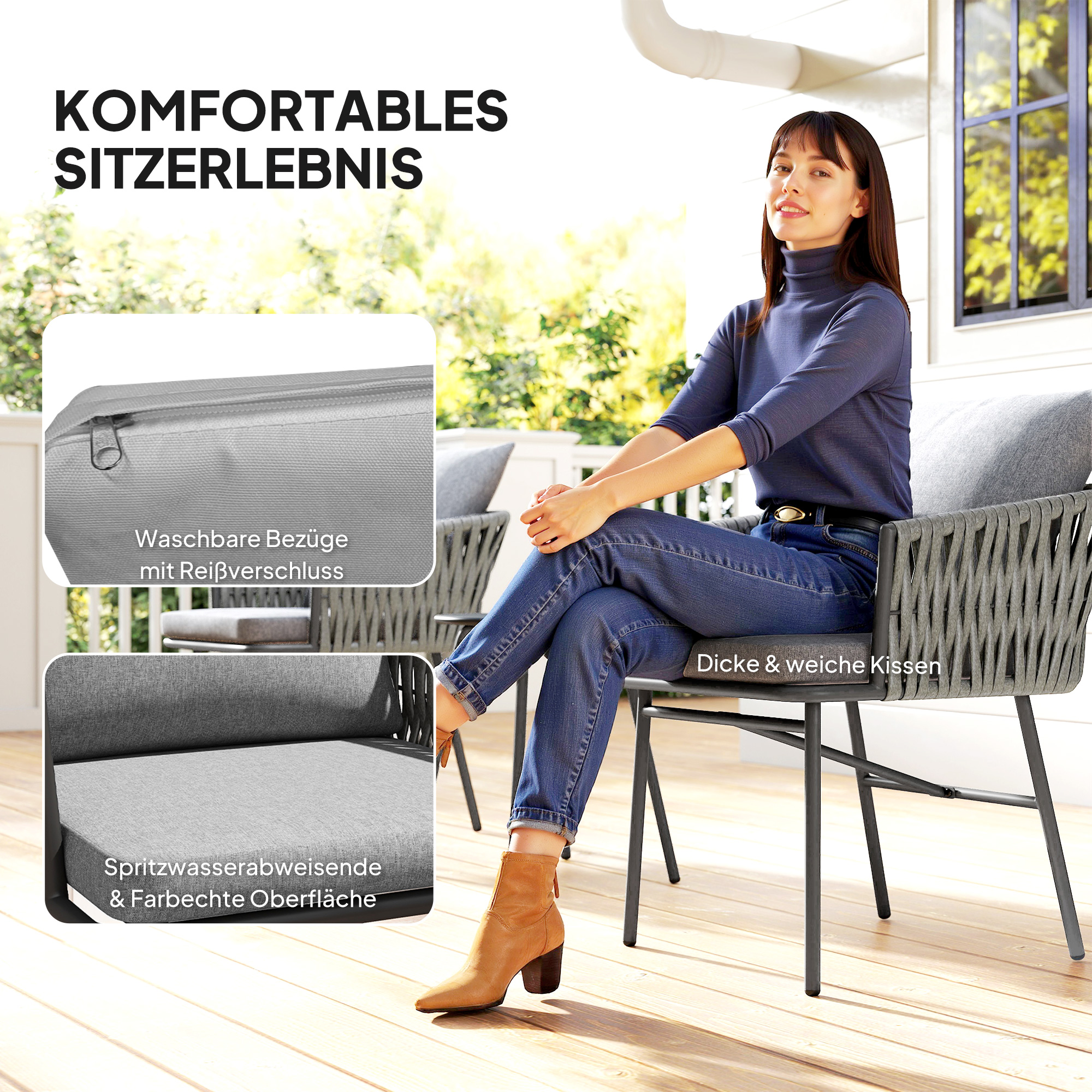 3-teiliges Außenmöbel-Set, 2 Stühle, 1 Tisch, Bistro-Set, Kunst-Rattan, Stahlrahmen, Metalltisch, 4 Kissen, Grau