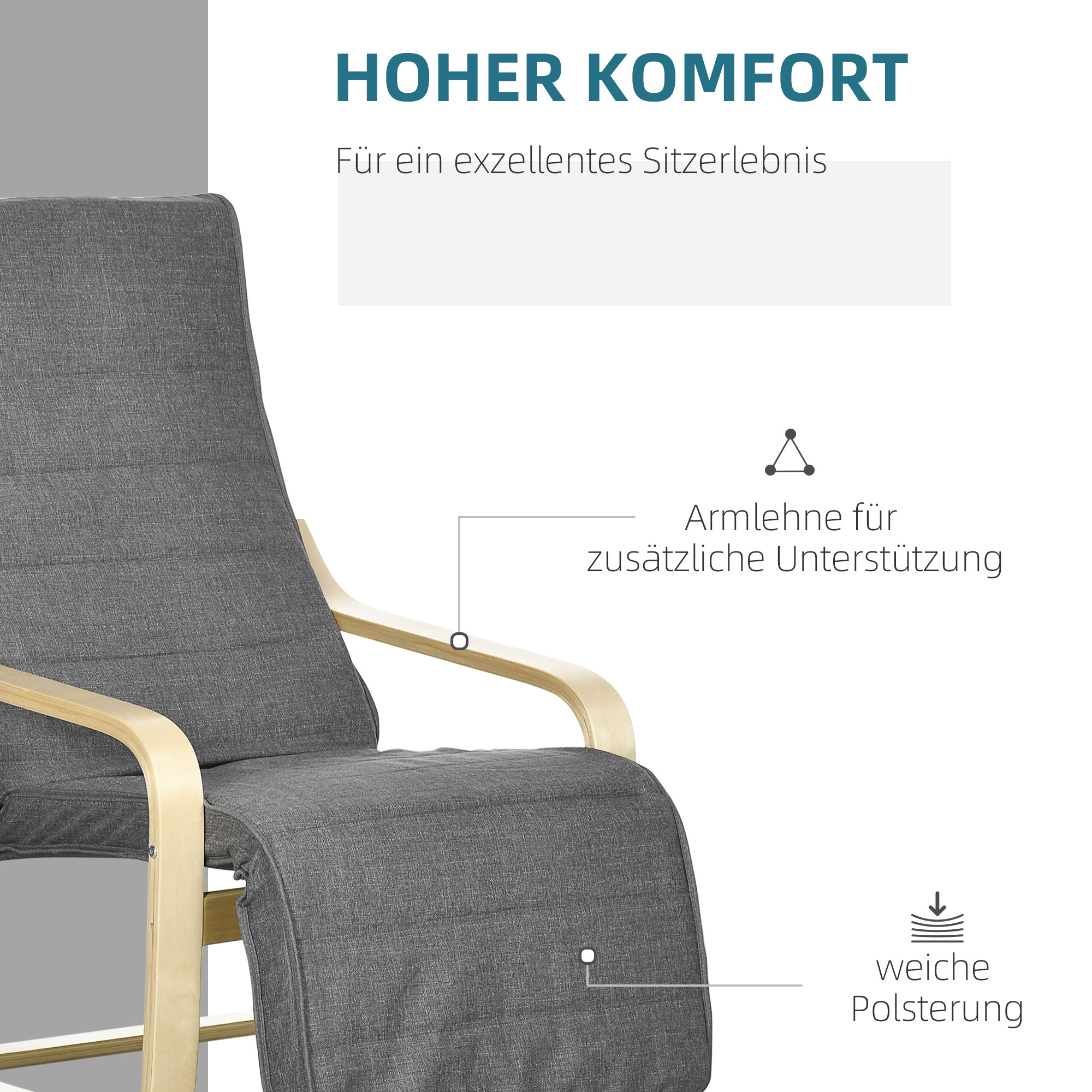 Akzentsessel, Relaxsessel mit verstellbarem Fußteil, Birkenholzrahmen, bis 120 kg, 66,5 x 94 x 100 cm, Grau