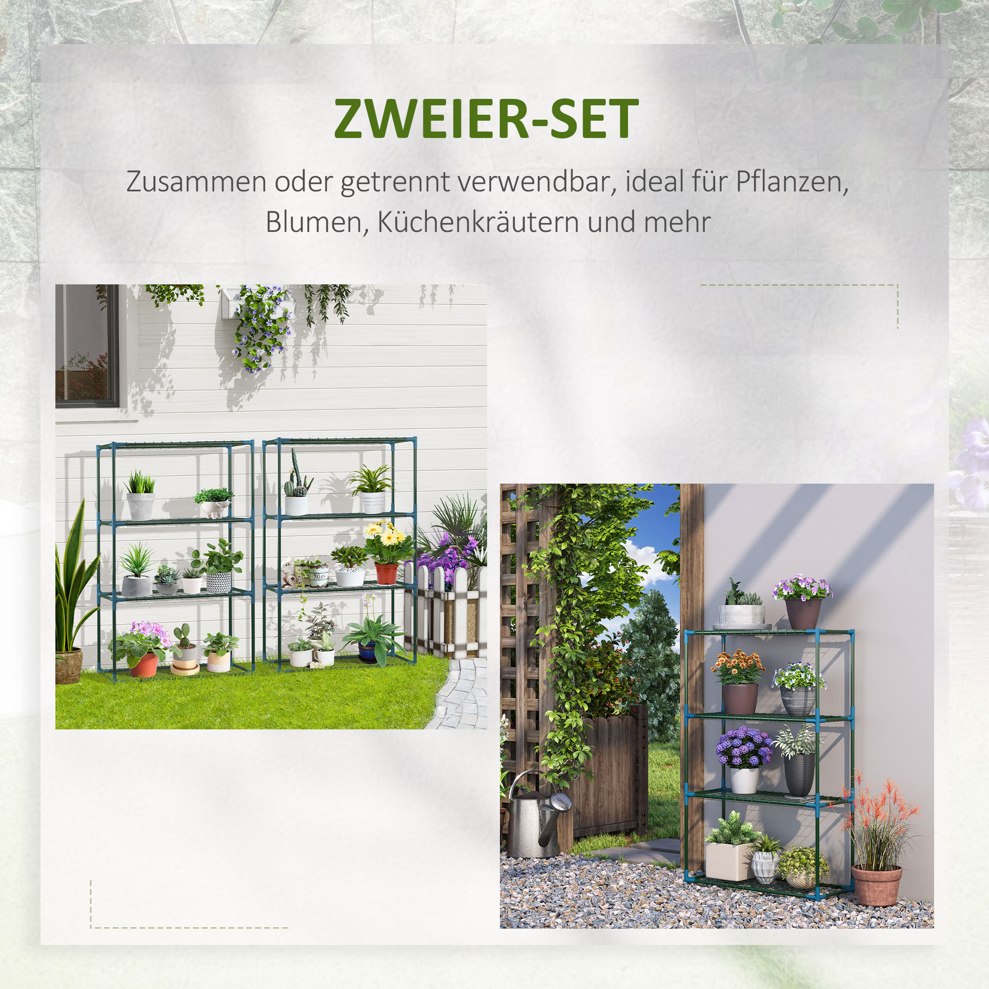 Pflanzenregal, 2-er-Set, je 4 Regalböden, kombiniert oder separat nutzbar, Stahl, grün, 70 x 27 x 110 cm