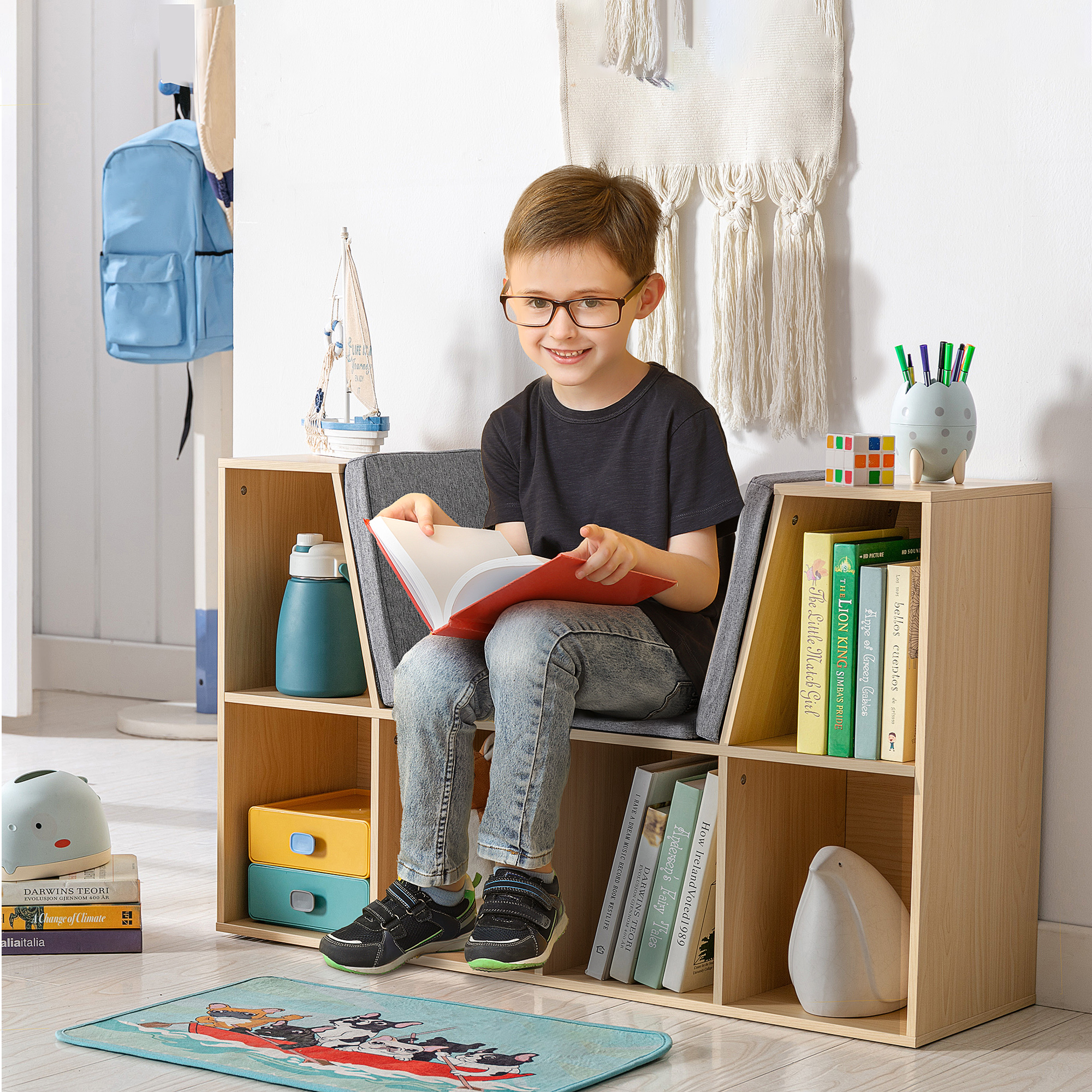 2-in-1 Kinderregal Regal + Sitzbank inkl. Polster 103 cm × 30 cm × 62 cm Weiß + Grau